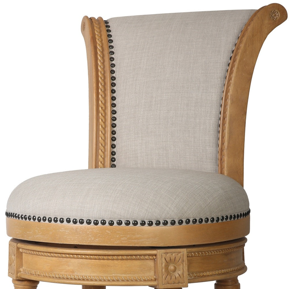 25" Beige And Natural Fabric And Solid Wood Counter Height Swivel Bar Chair