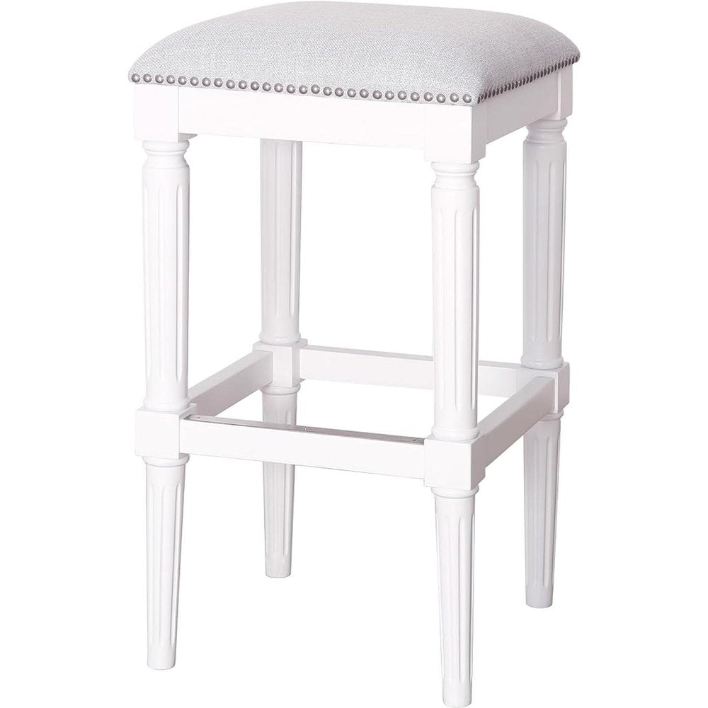 31" Light Gray And White Fabric And Solid Wood Backless Bar Height Bar Chair
