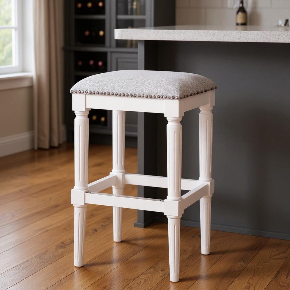 31" Light Gray and White Solid Wood Backless Bar Height Bar Chair