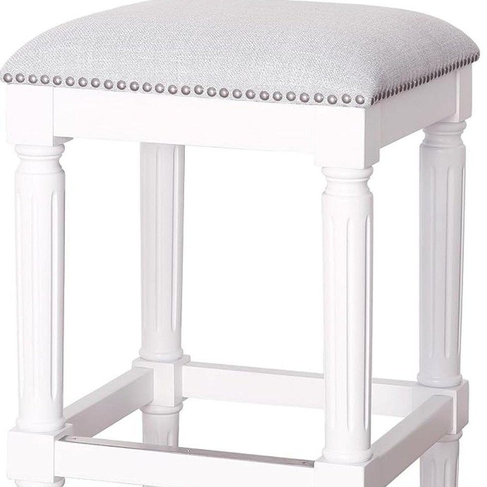 31" Light Gray And White Fabric And Solid Wood Backless Bar Height Bar Chair
