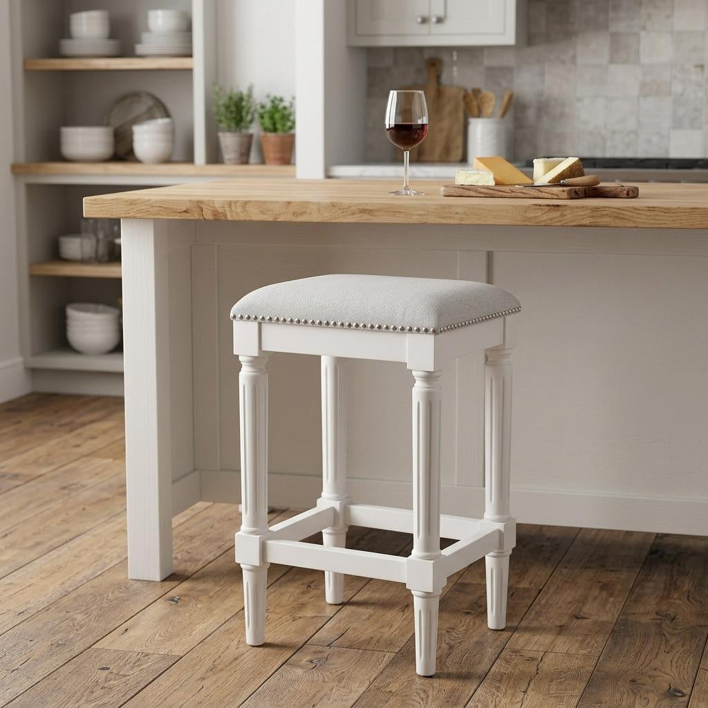27" Gray And Antiqued White Fabric And Solid Wood Backless Counter Height Bar Chair