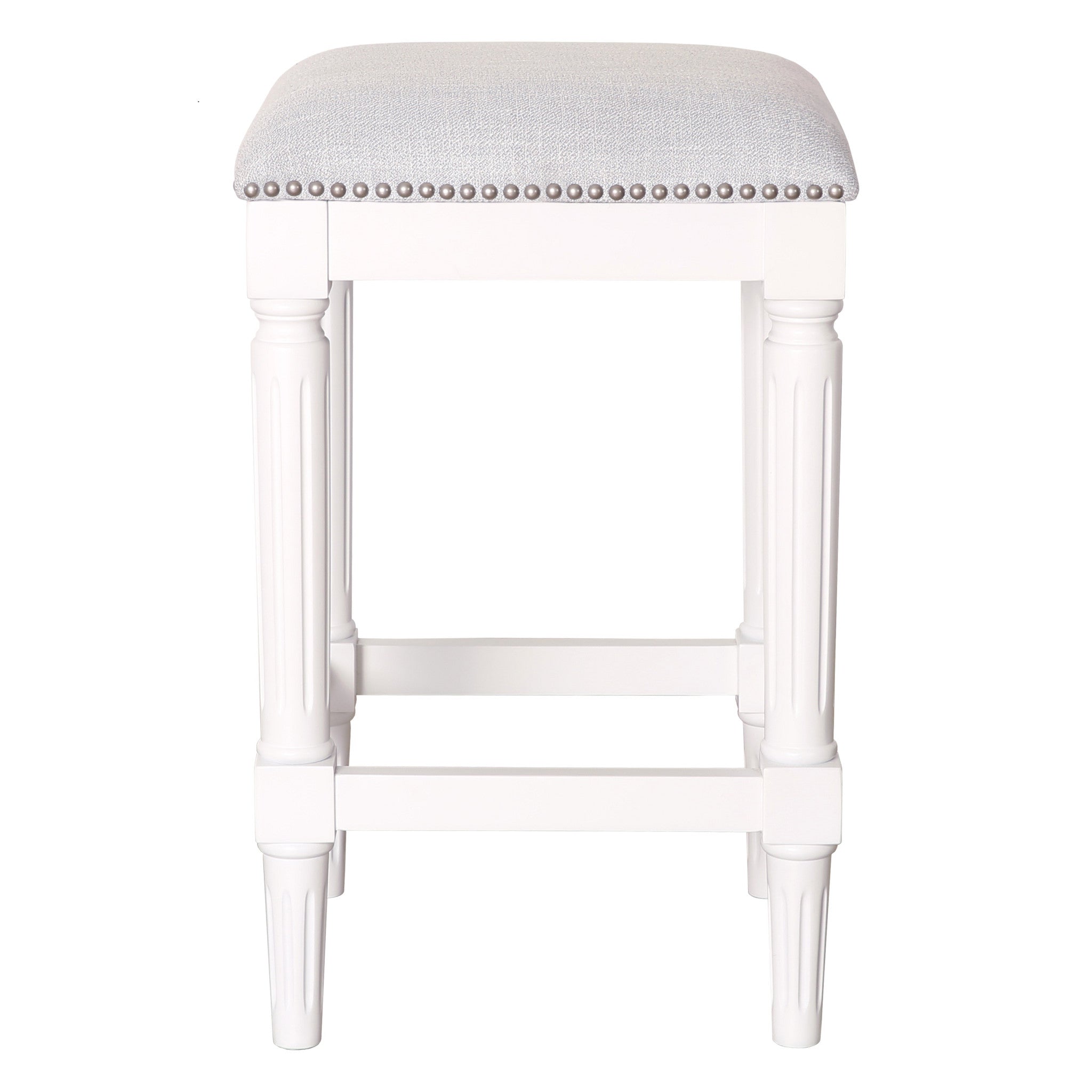 27" Gray And Antiqued White Fabric And Solid Wood Backless Counter Height Bar Chair