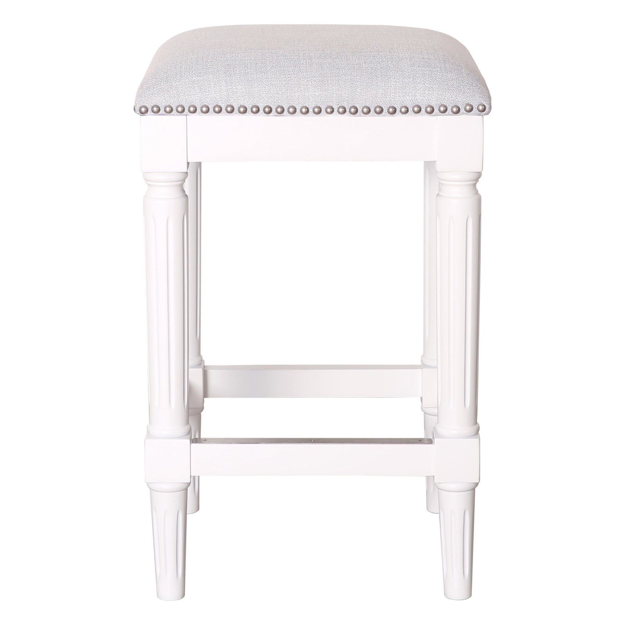 27" Gray And Antiqued White Fabric And Solid Wood Backless Counter Height Bar Chair