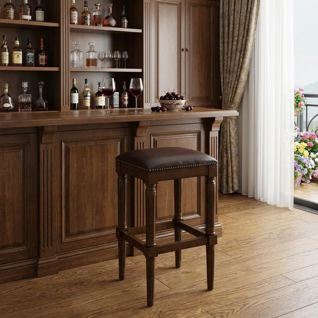 31" Brown And Dark Brown Fabric And Solid Wood Backless Bar Height Bar Chair