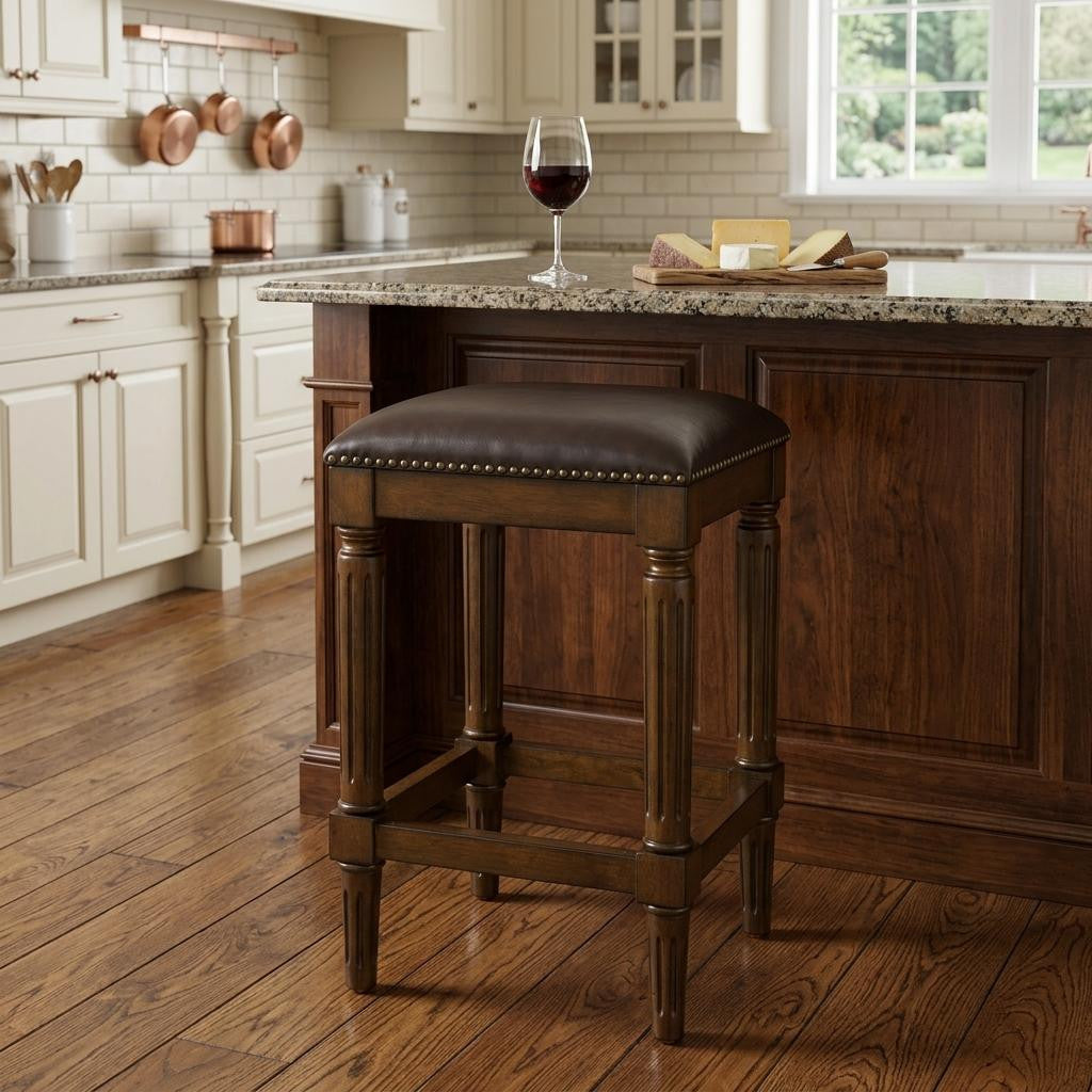 27" Brown And Dark Brown Fabric And Solid Wood Backless Counter Height Bar Chair