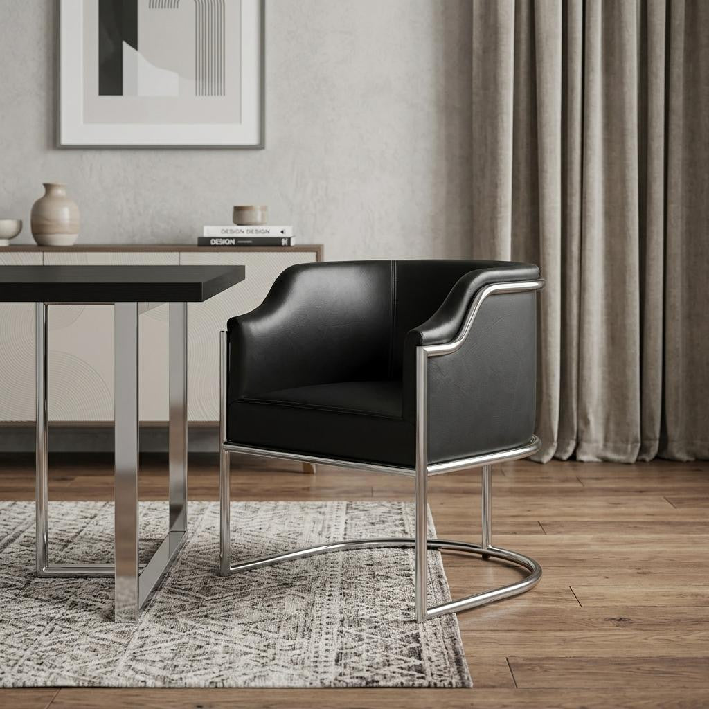 Charcoal and Silver Upholstered Leather Curved Back Dining Arm Chair