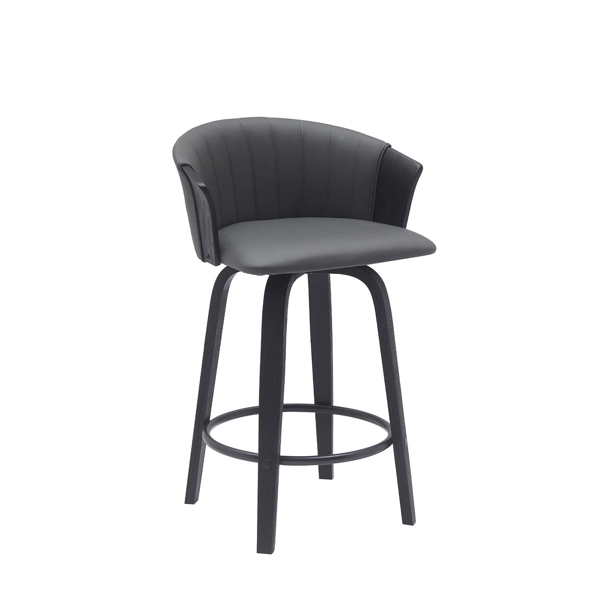 26" Gray And Black Faux Leather And Fabric And Wood Counter Height Swivel Bar Chair