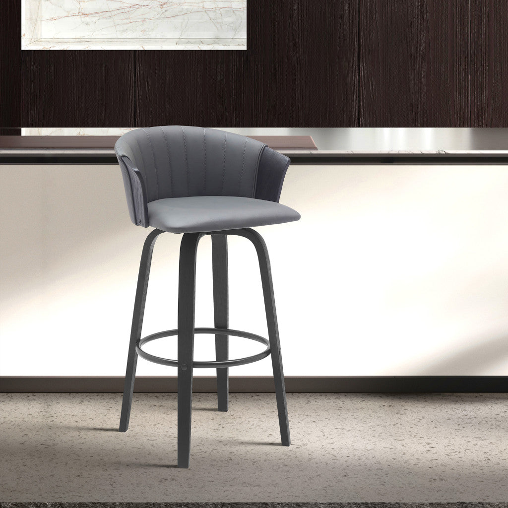 26" Gray And Black Faux Leather And Fabric And Wood Counter Height Swivel Bar Chair