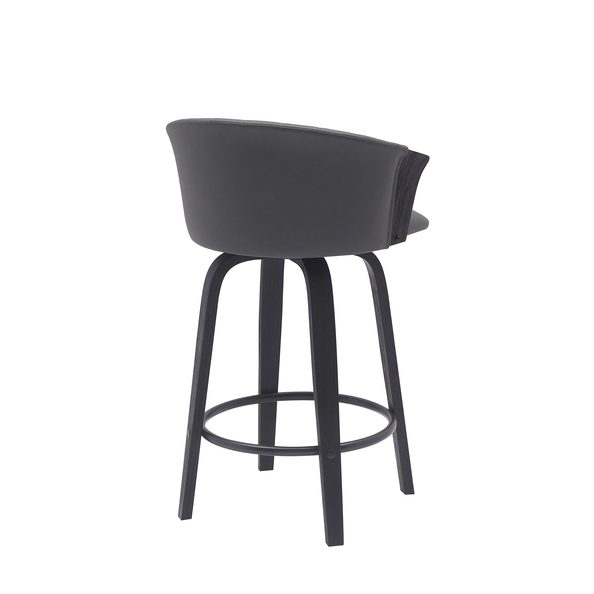 26" Gray And Black Faux Leather And Fabric And Wood Counter Height Swivel Bar Chair
