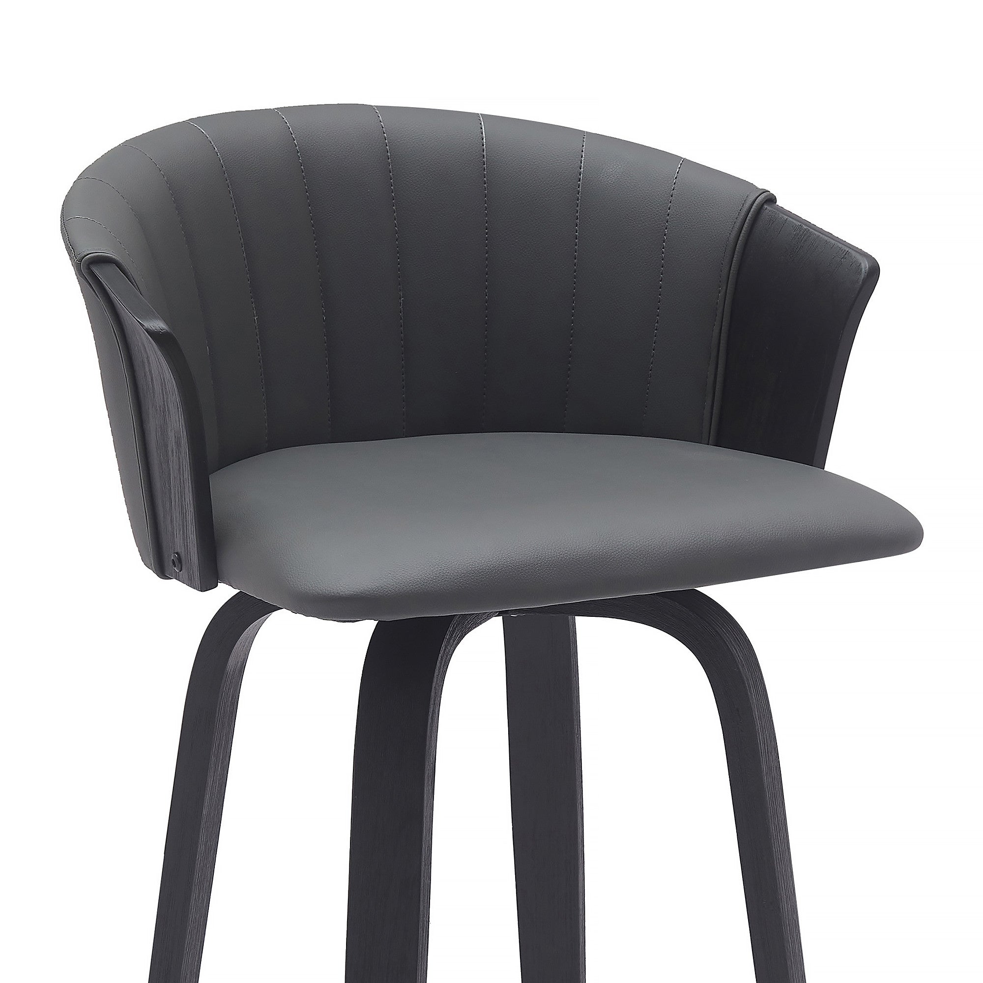 26" Gray And Black Faux Leather And Fabric And Wood Counter Height Swivel Bar Chair
