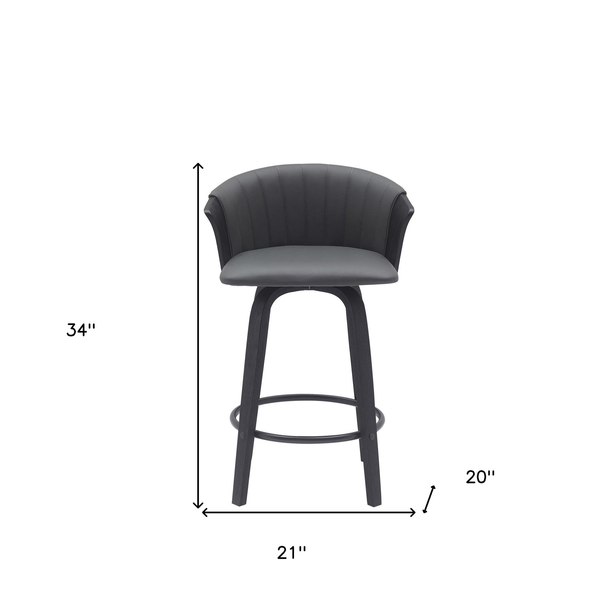 26" Gray And Black Faux Leather And Fabric And Wood Counter Height Swivel Bar Chair