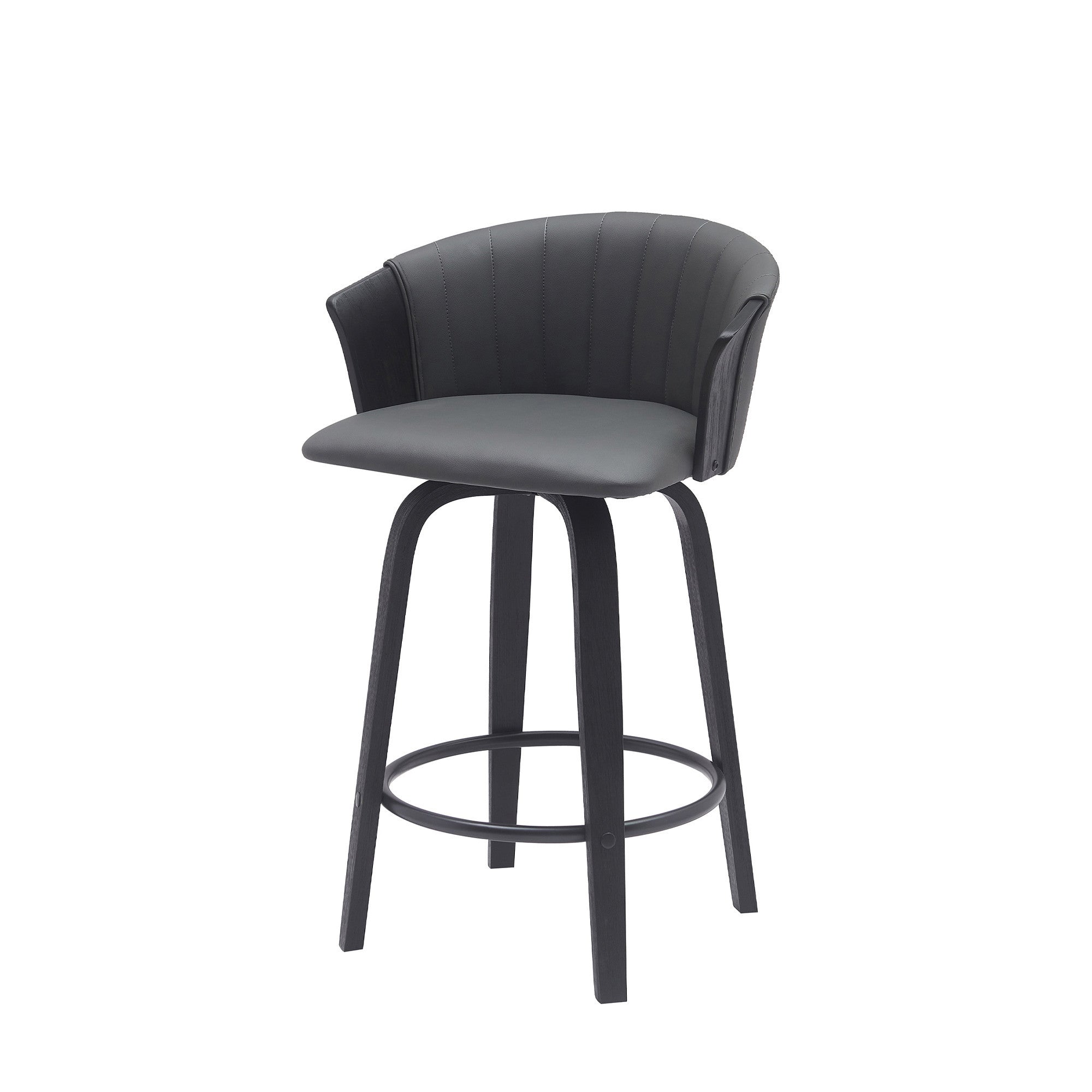 26" Gray And Black Faux Leather And Fabric And Wood Counter Height Swivel Bar Chair