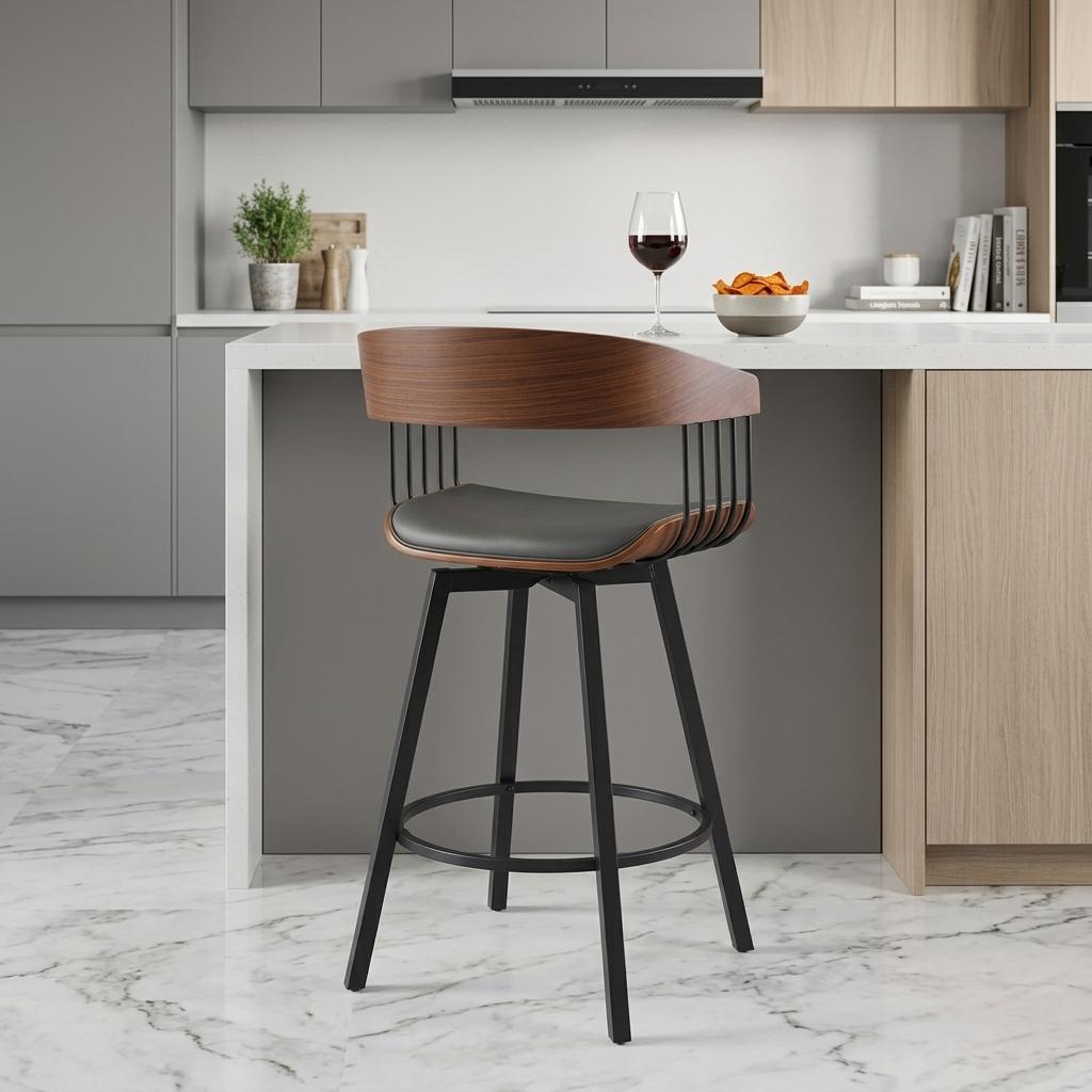 27" Gray And Black Faux Leather And Fabric And Metal Counter Height Swivel Bar Chair