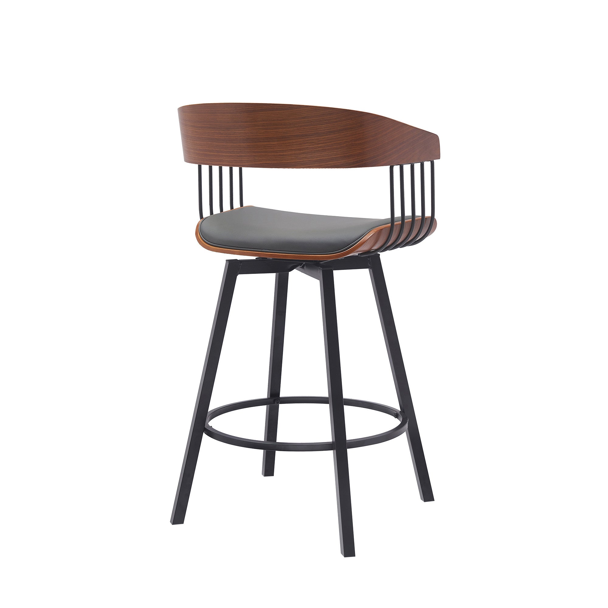 27" Gray And Black Faux Leather And Fabric And Metal Counter Height Swivel Bar Chair