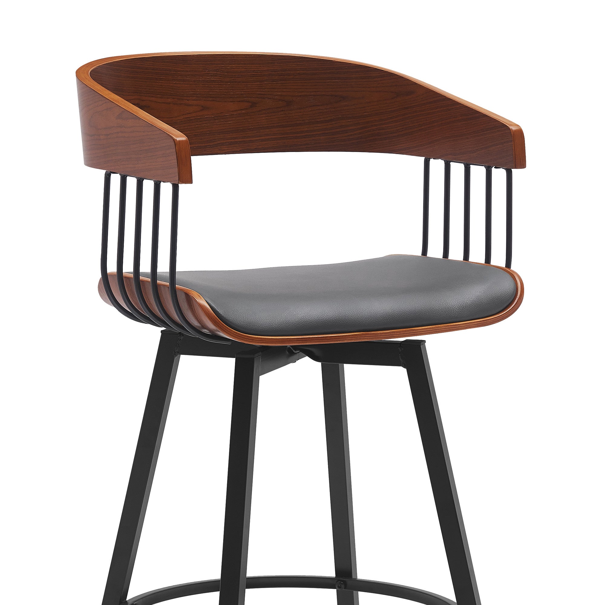 27" Gray And Black Faux Leather And Fabric And Metal Counter Height Swivel Bar Chair