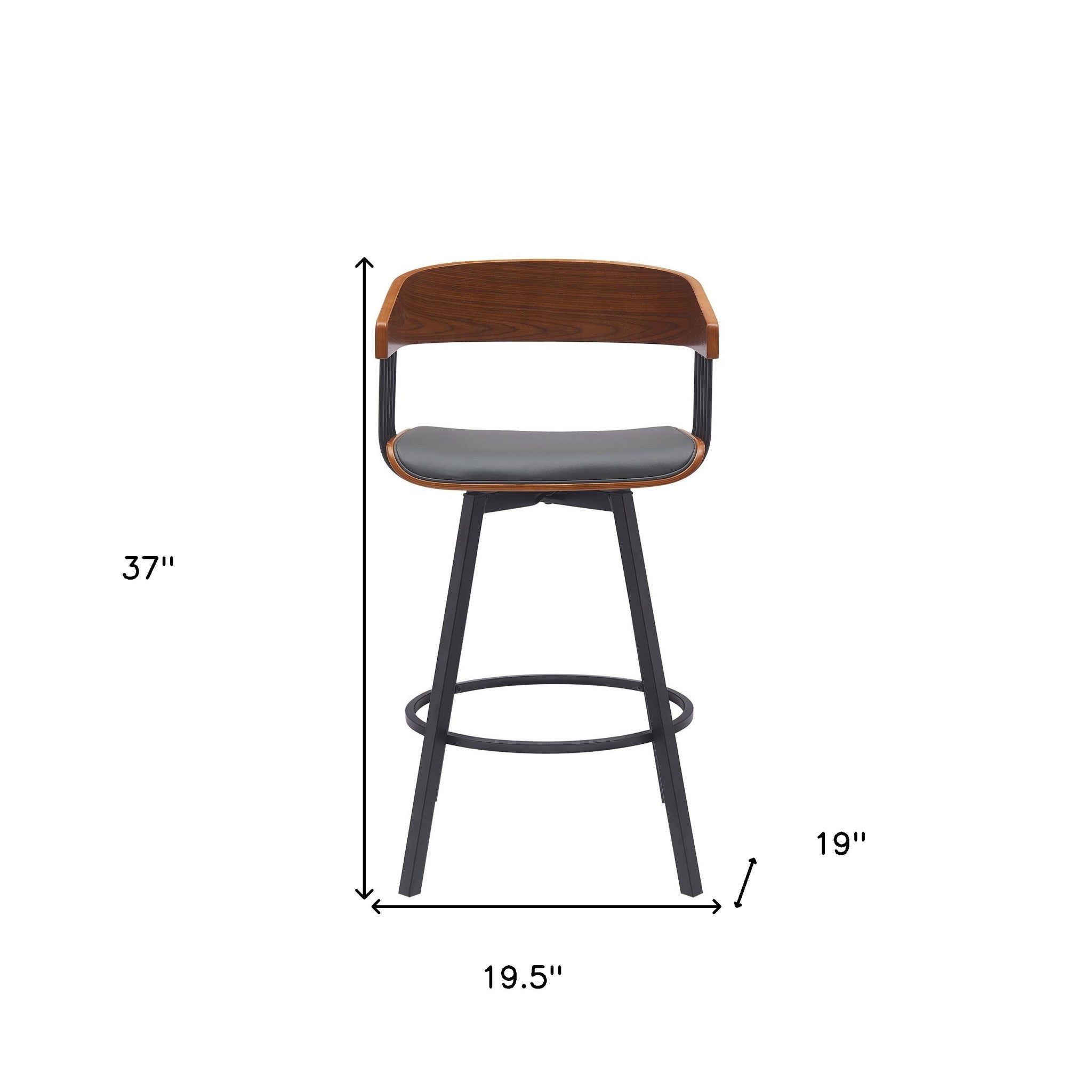 27" Gray And Black Faux Leather And Fabric And Metal Counter Height Swivel Bar Chair