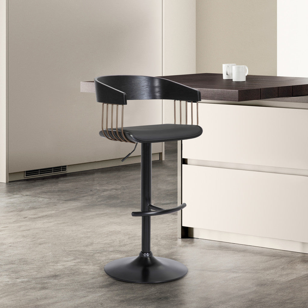 Black Faux Leather And Fabric And Metal Adjustable Height Swivel Bar Chair