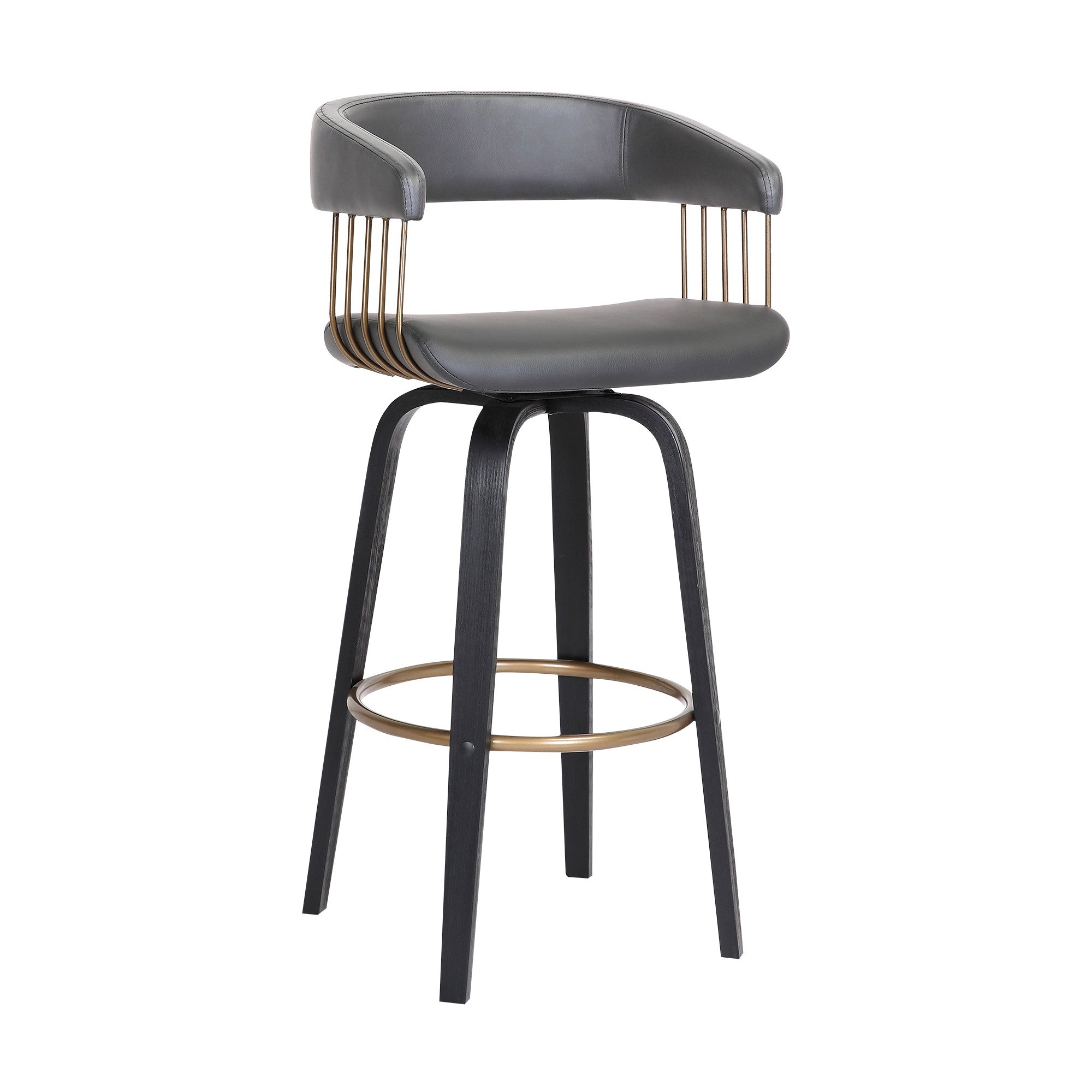 26" Gray And Black Faux Leather And Fabric And Wood Counter Height Swivel Bar Chair