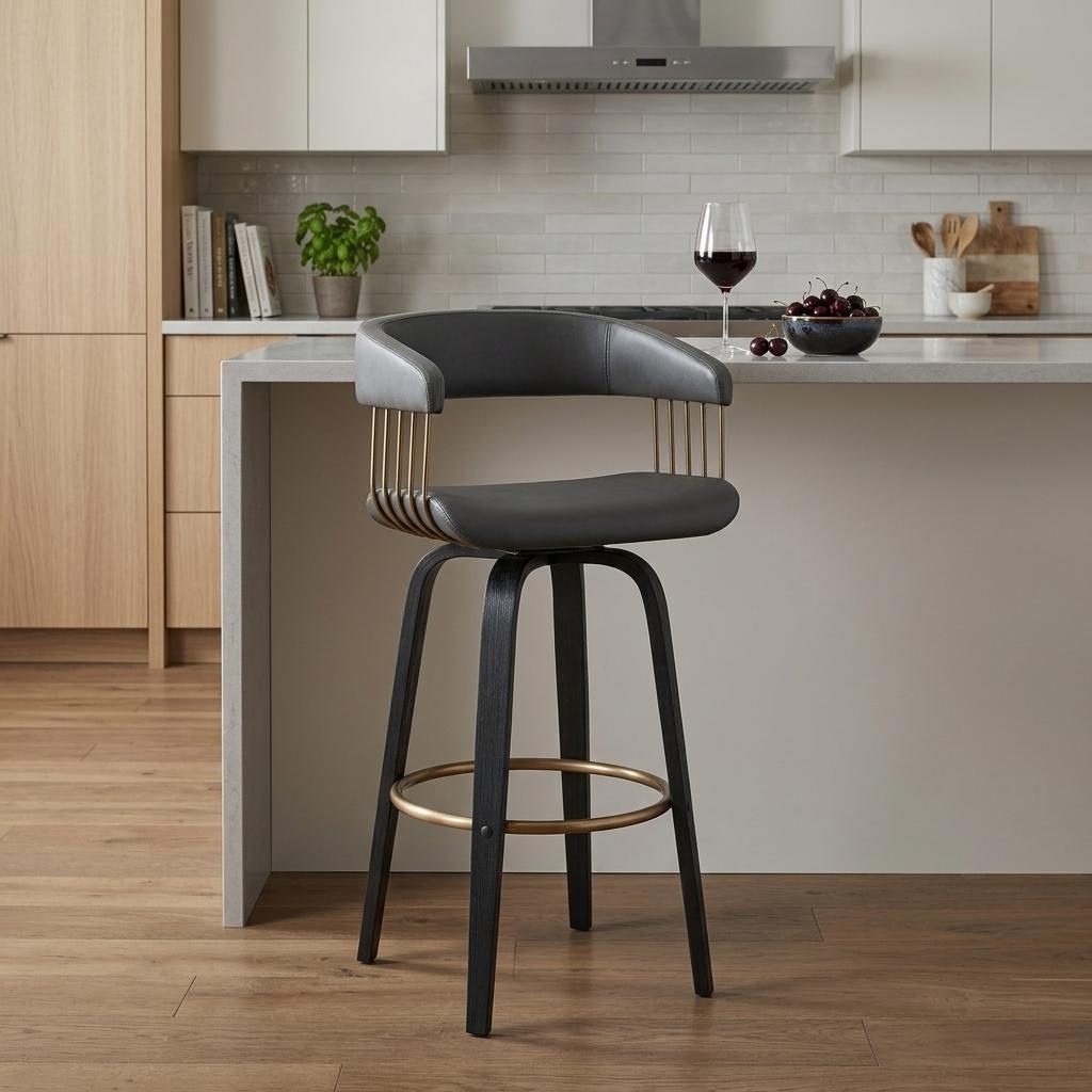 26" Gray And Black Faux Leather And Fabric And Wood Counter Height Swivel Bar Chair