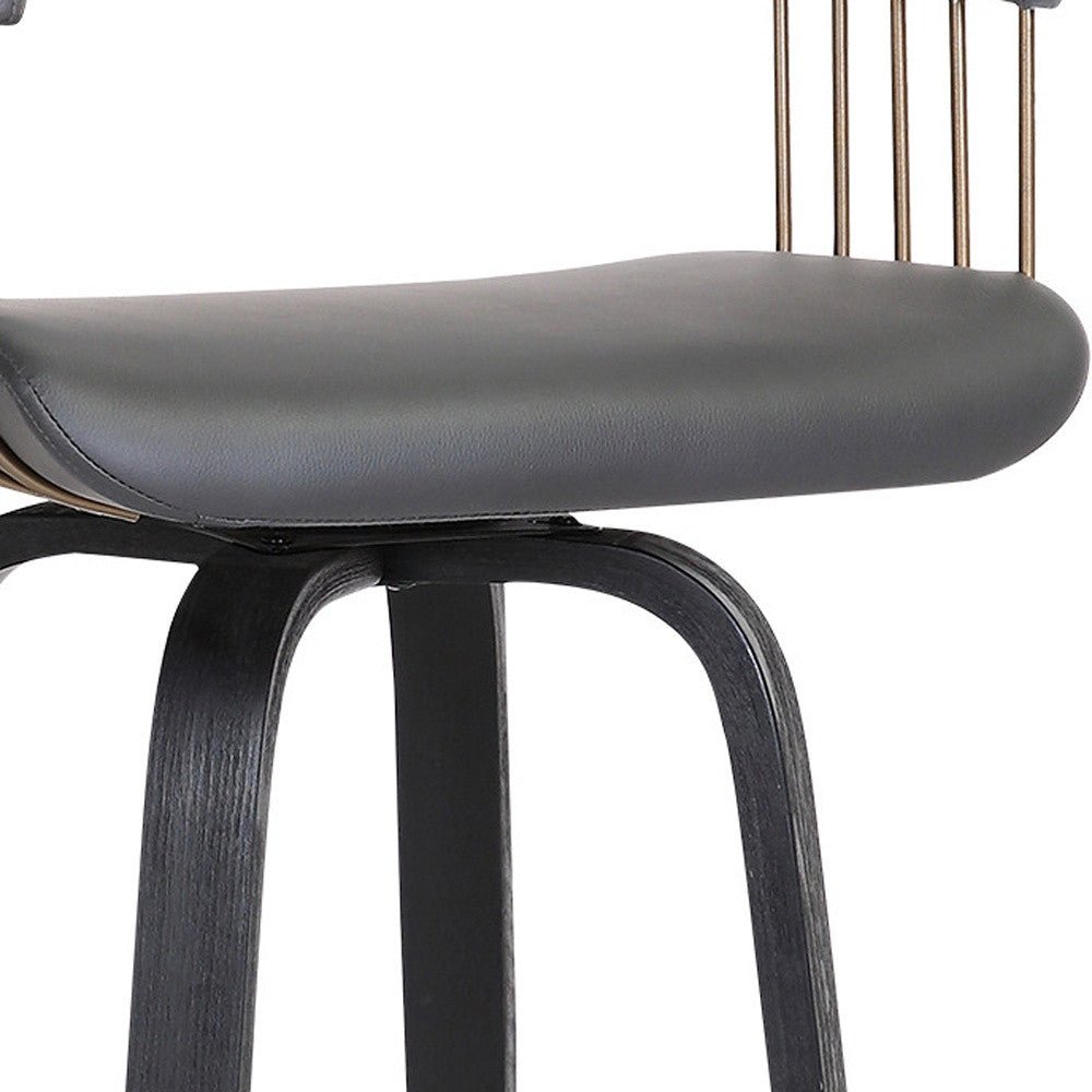 26" Gray And Black Faux Leather And Fabric And Wood Counter Height Swivel Bar Chair