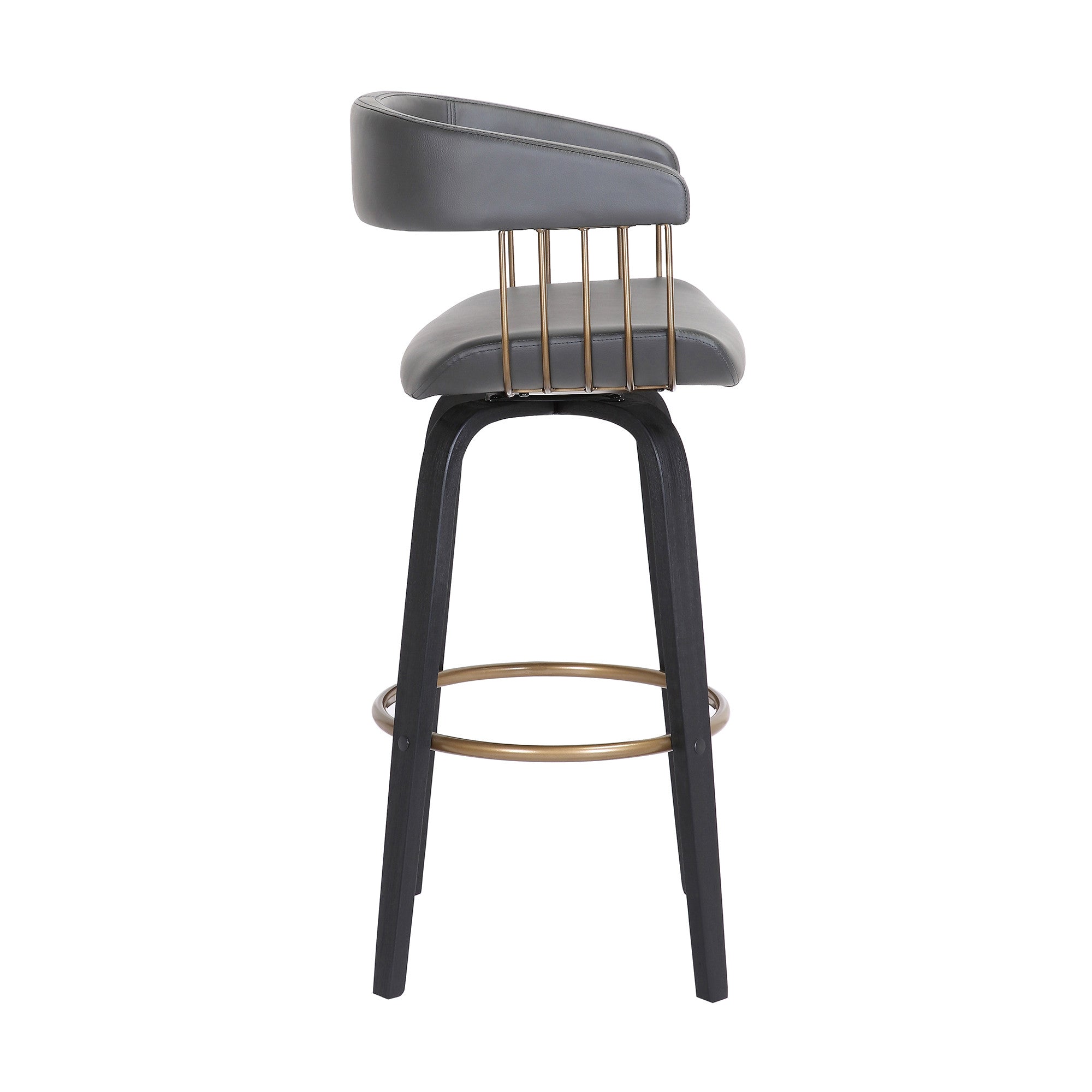 26" Gray And Black Faux Leather And Fabric And Wood Counter Height Swivel Bar Chair