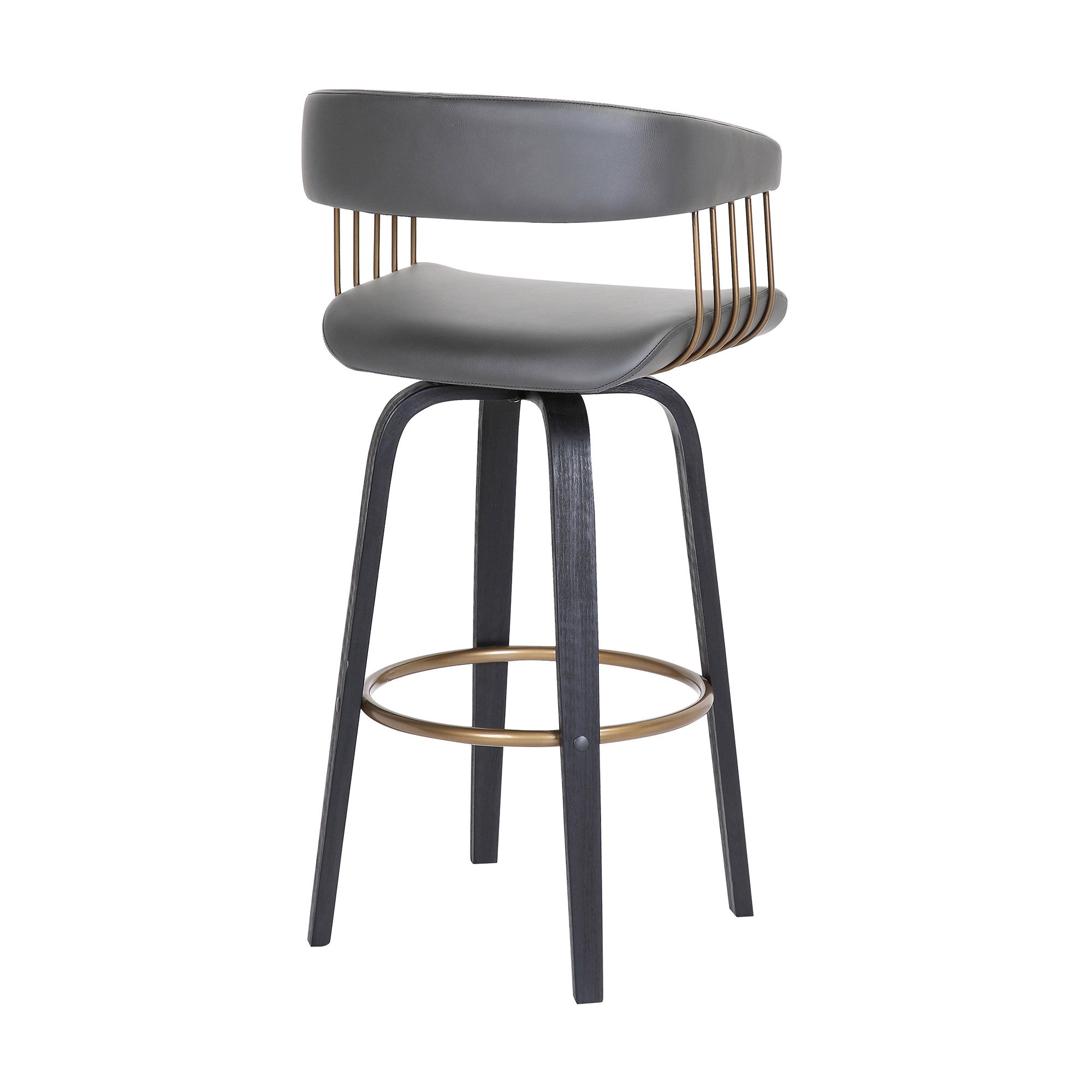 26" Gray And Black Faux Leather And Fabric And Wood Counter Height Swivel Bar Chair