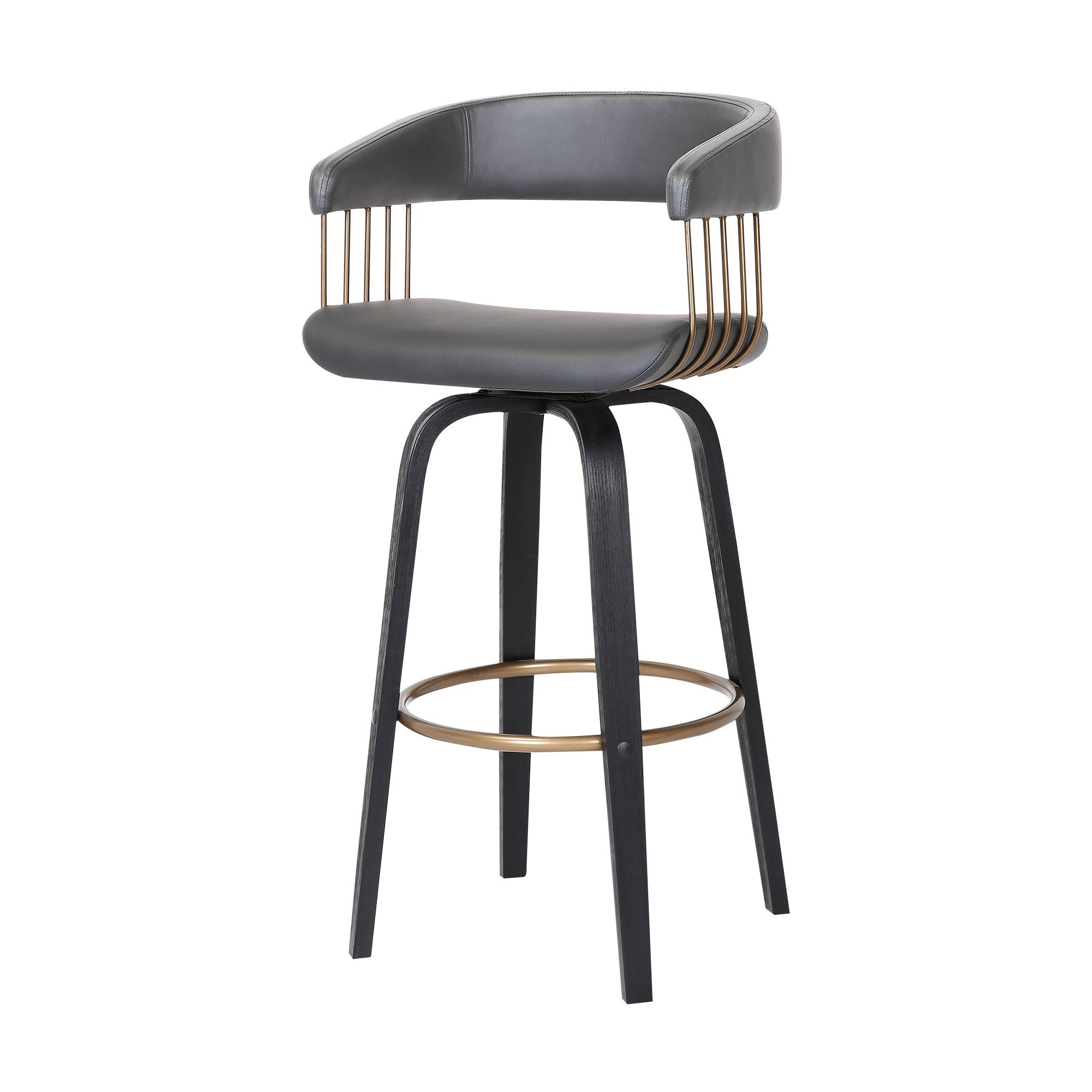 26" Gray And Black Faux Leather And Fabric And Wood Counter Height Swivel Bar Chair
