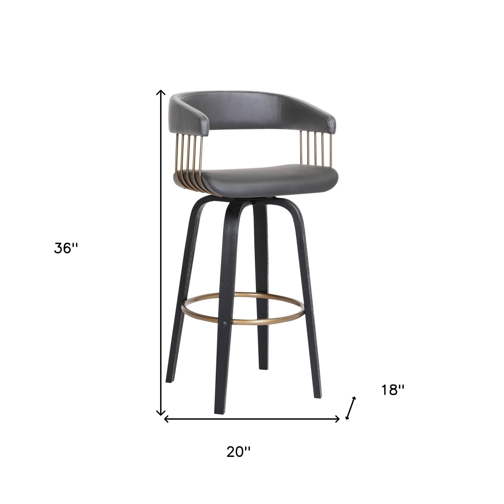 26" Gray And Black Faux Leather And Fabric And Wood Counter Height Swivel Bar Chair