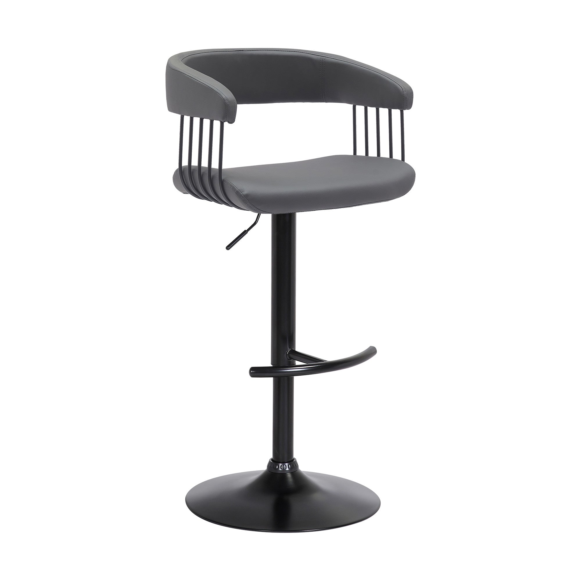 Gray And Black Faux Leather And Fabric And Metal Adjustable Height Swivel Bar Chair