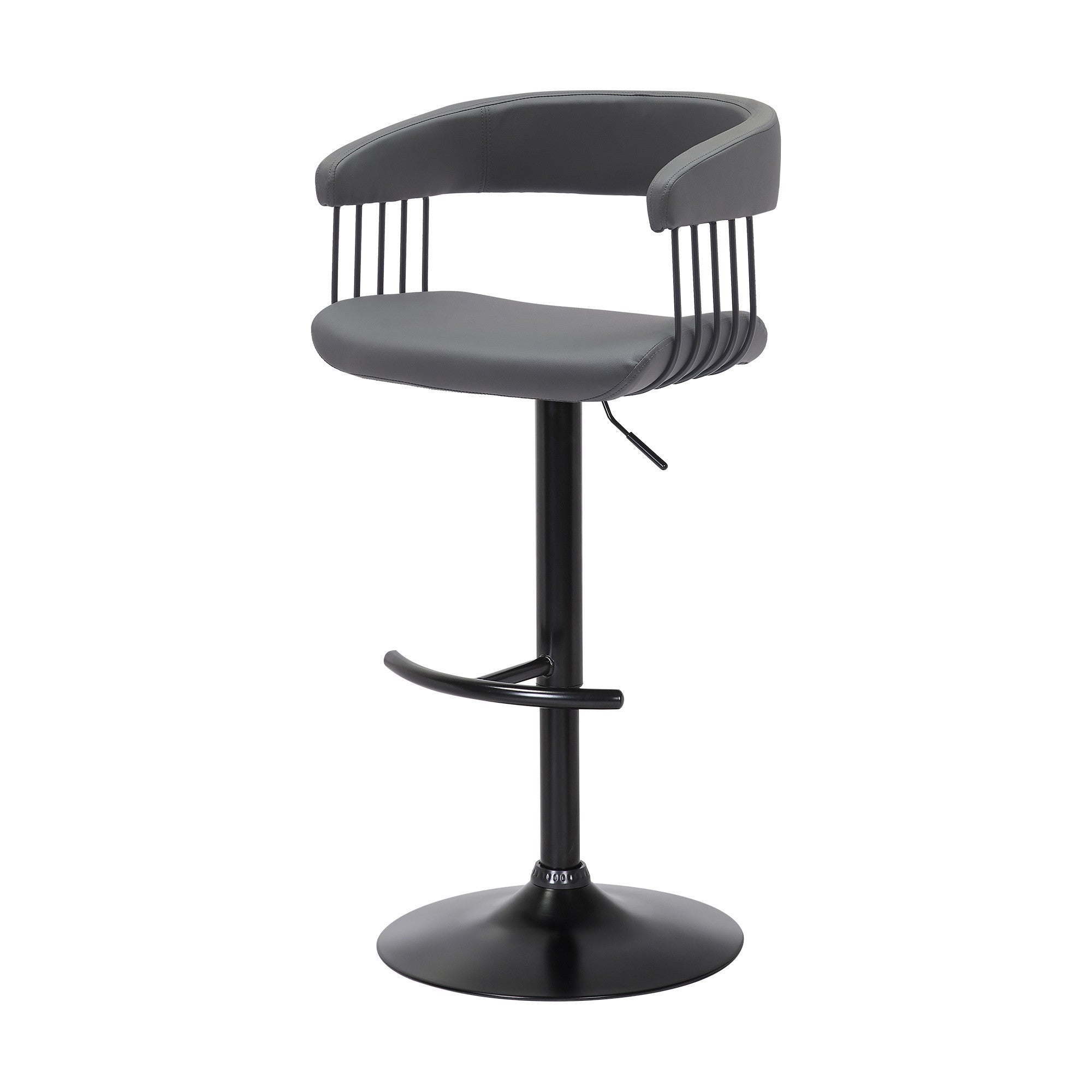 Gray And Black Faux Leather And Fabric And Metal Adjustable Height Swivel Bar Chair