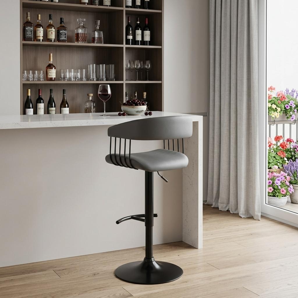 Gray And Black Faux Leather And Fabric And Metal Adjustable Height Swivel Bar Chair