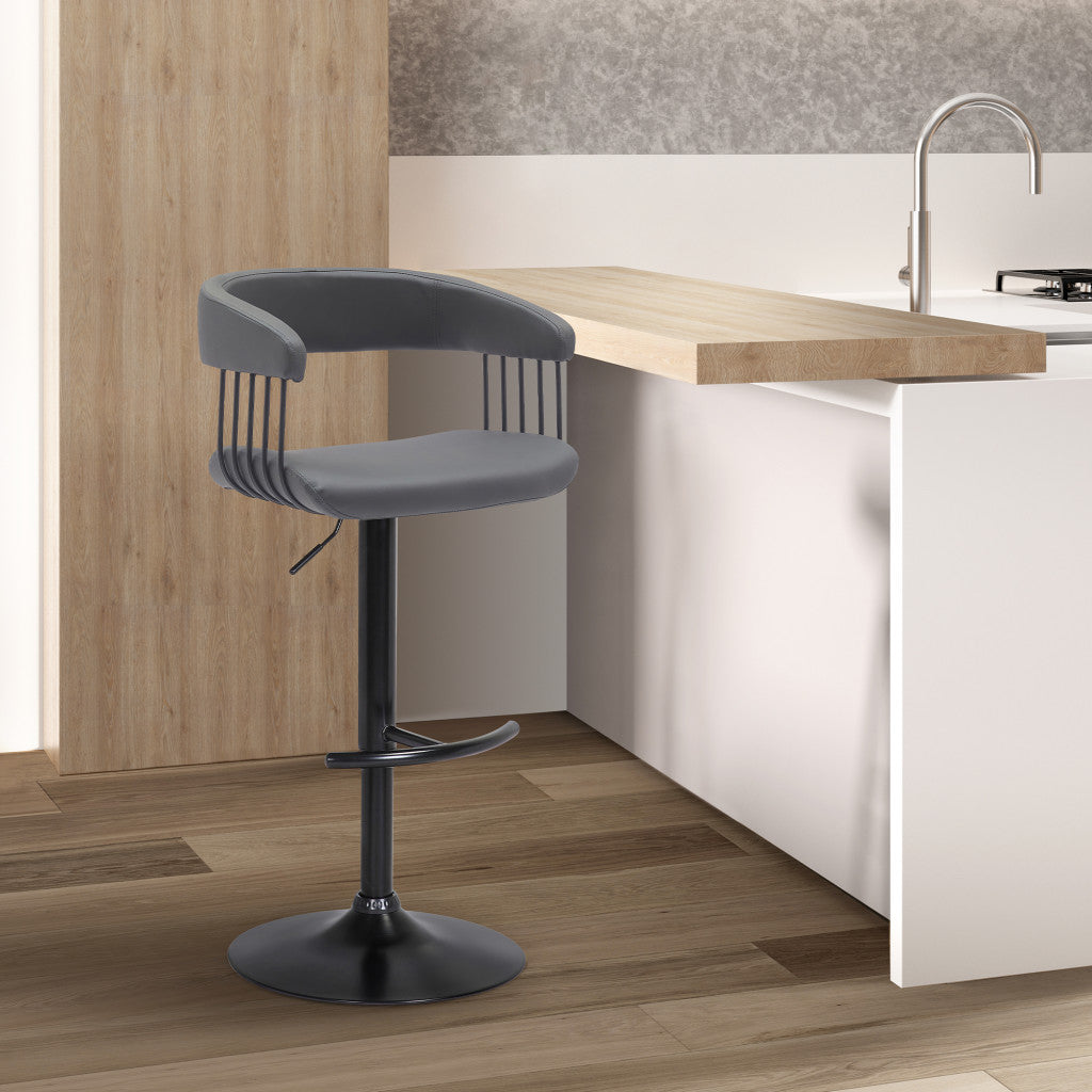 Gray And Black Faux Leather And Fabric And Metal Adjustable Height Swivel Bar Chair