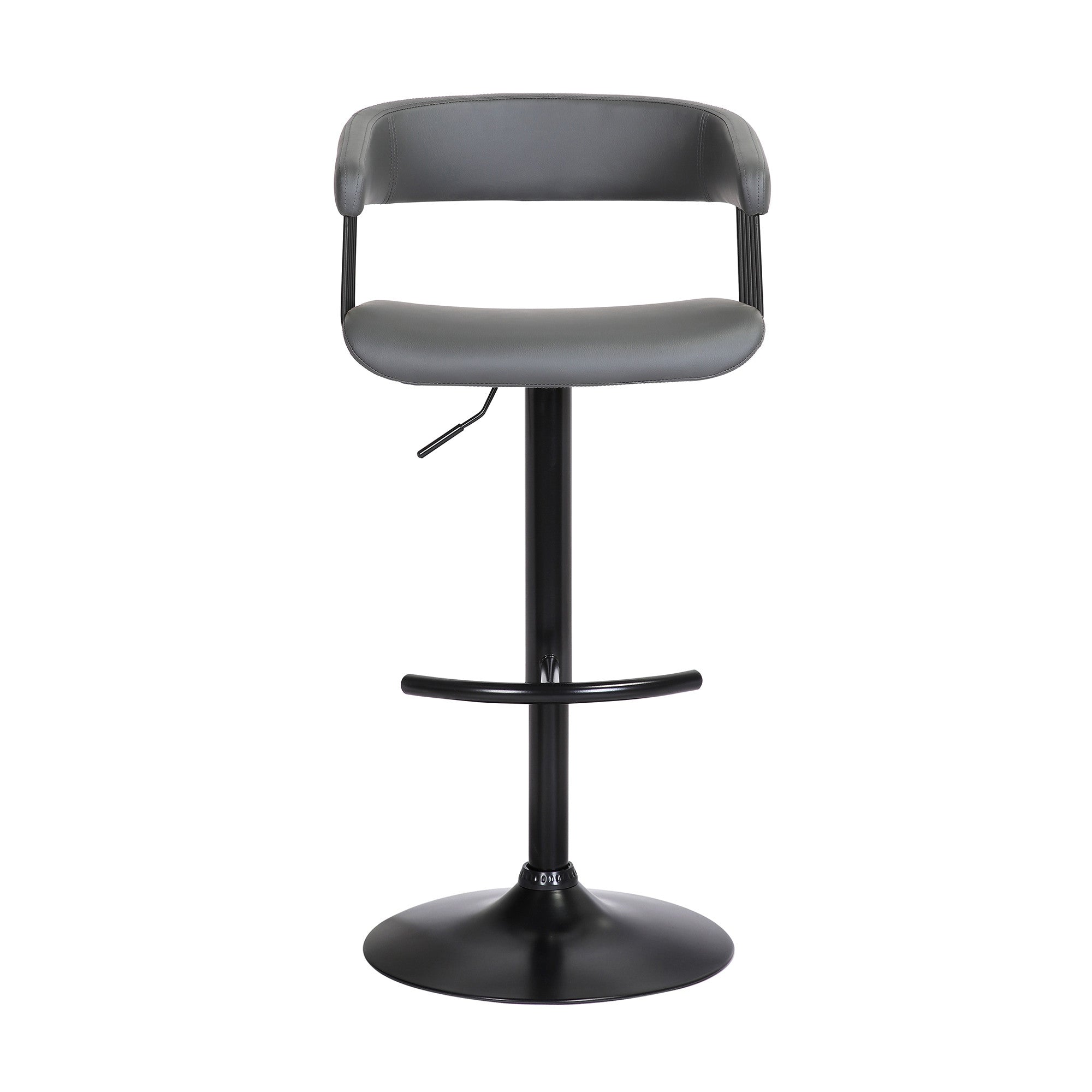 Gray And Black Faux Leather And Fabric And Metal Adjustable Height Swivel Bar Chair