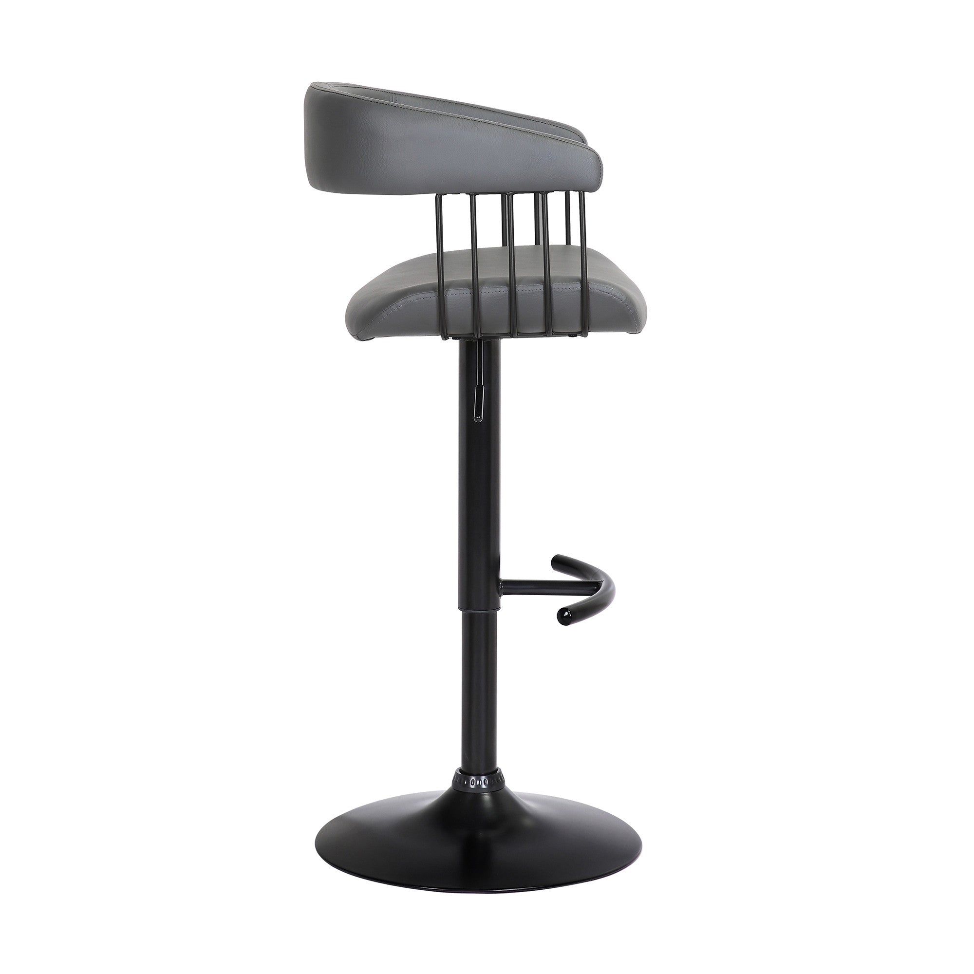 Gray And Black Faux Leather And Fabric And Metal Adjustable Height Swivel Bar Chair