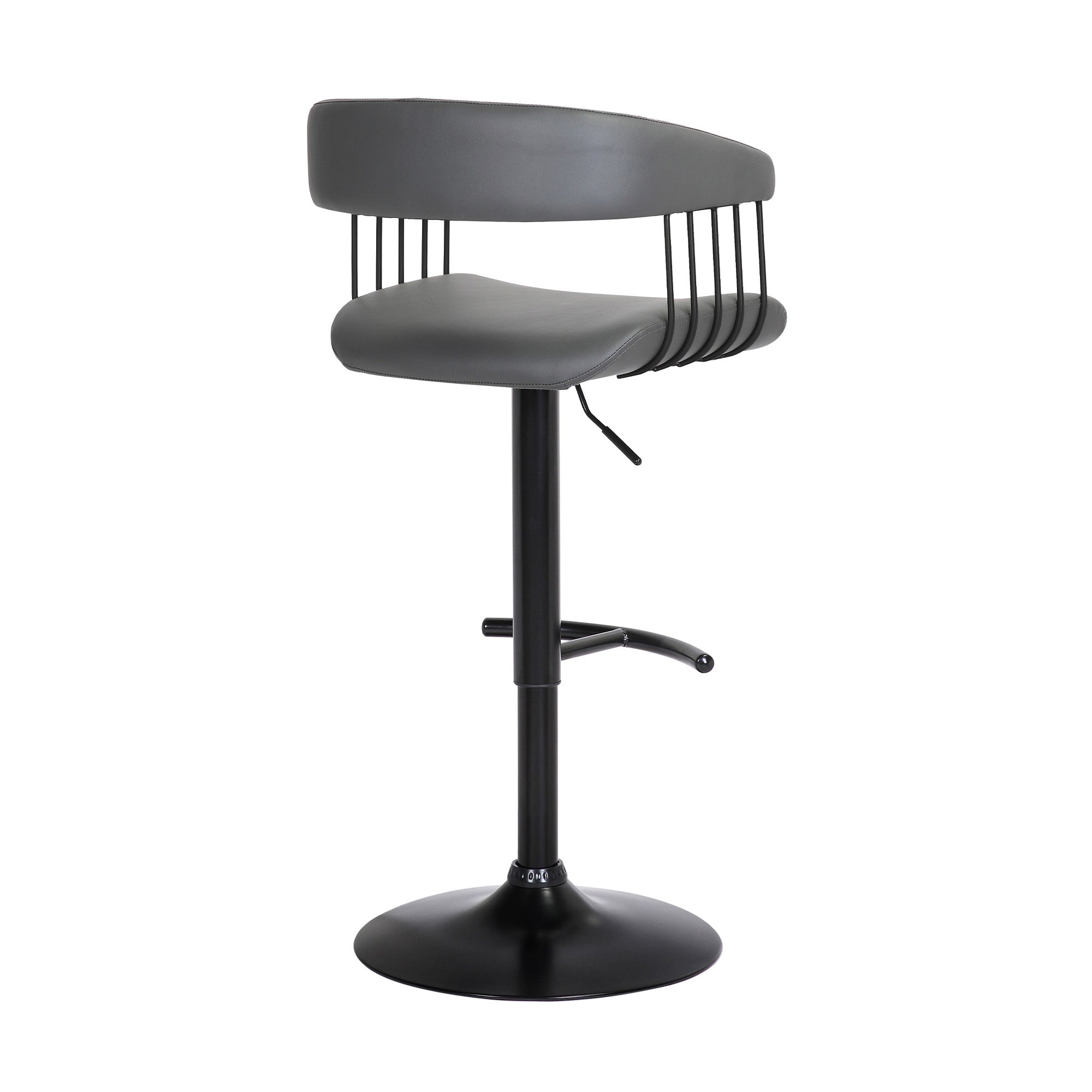 Gray And Black Faux Leather And Fabric And Metal Adjustable Height Swivel Bar Chair