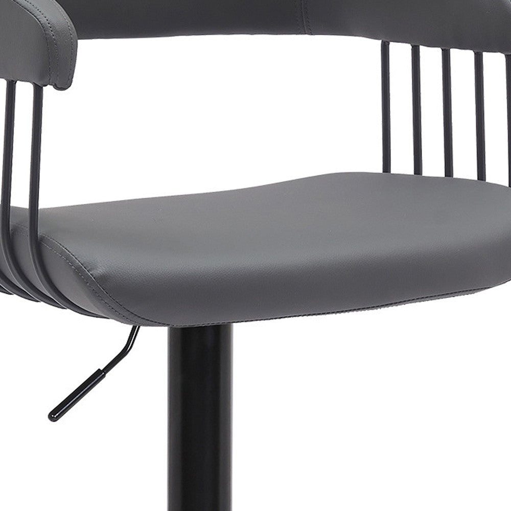Gray And Black Faux Leather And Fabric And Metal Adjustable Height Swivel Bar Chair