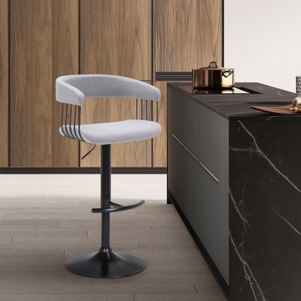 Light Gray And Black Fabric And Metal Adjustable Height Swivel Bar Chair