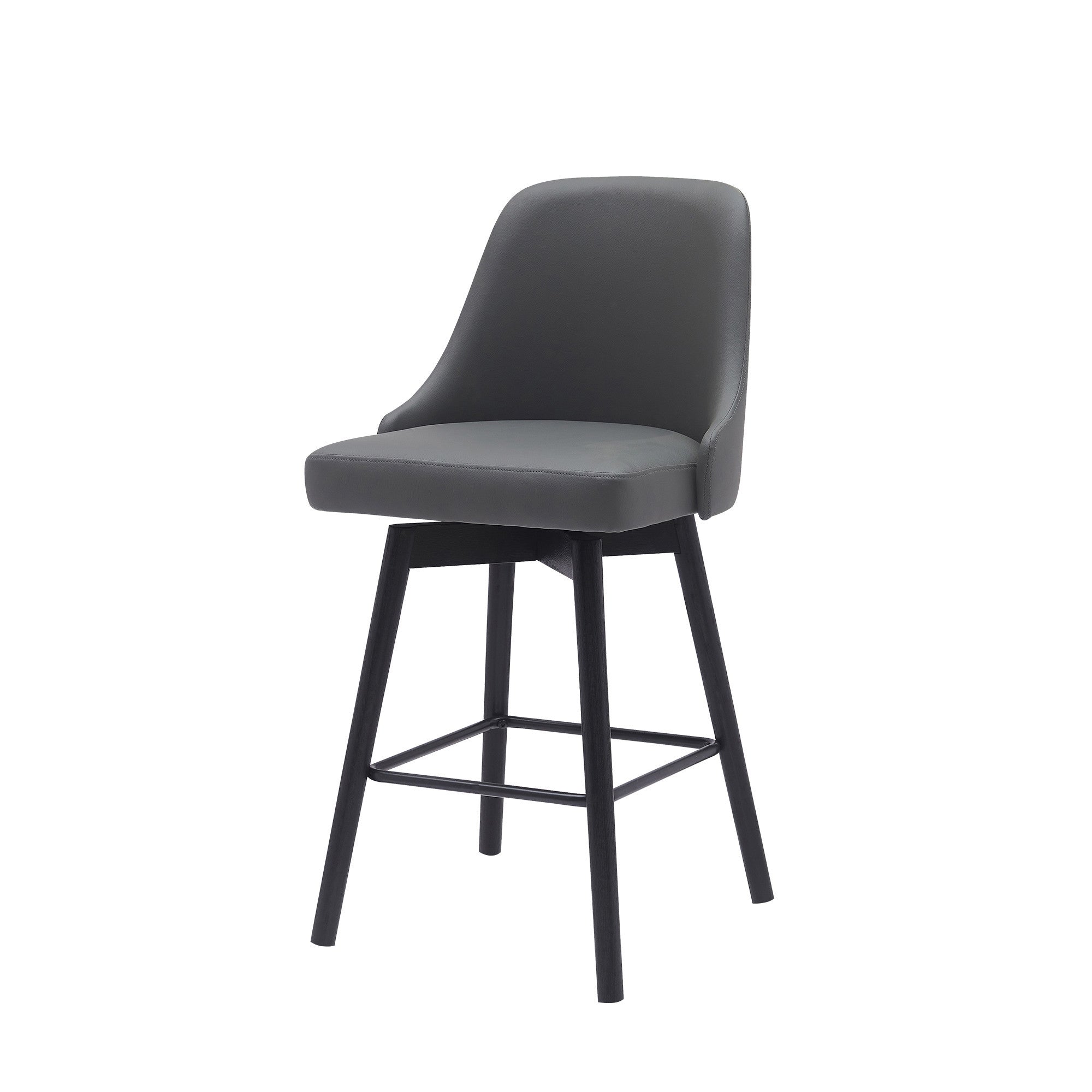 26" Gray And Black Faux Leather And Fabric And Solid Wood Counter Height Swivel Bar Chair