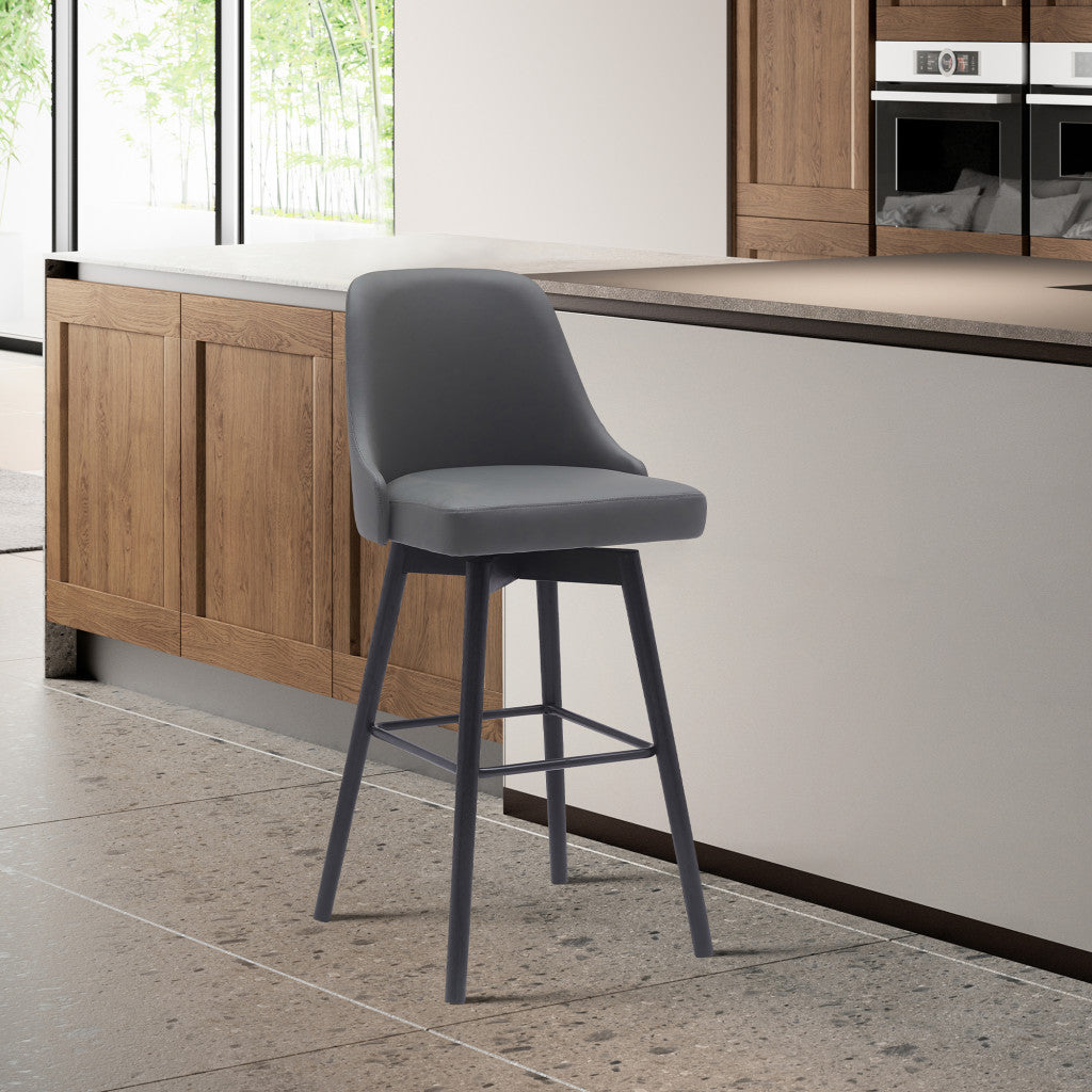 26" Gray And Black Faux Leather And Fabric And Solid Wood Counter Height Swivel Bar Chair