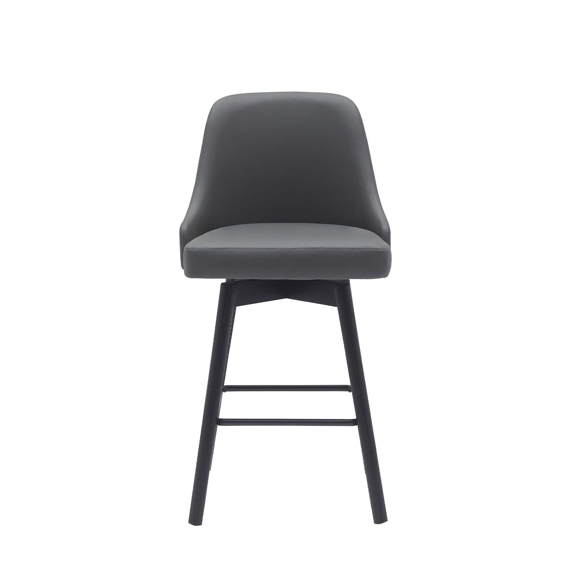 26" Gray And Black Faux Leather And Fabric And Solid Wood Counter Height Swivel Bar Chair