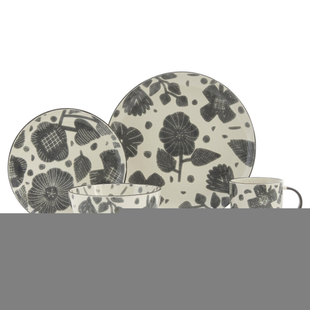 Gray and Ivory Sixteen Piece Round Floral Ceramic Service For Four Dinnerware Set