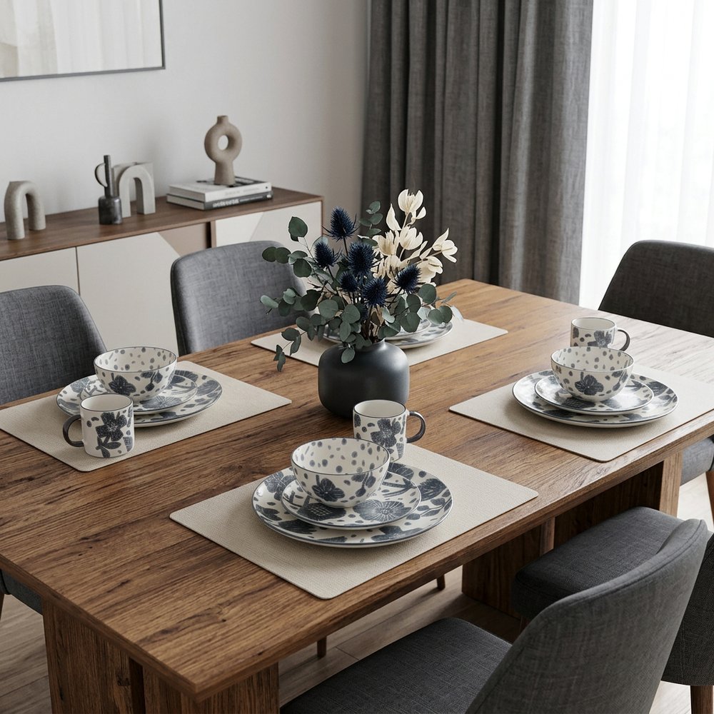 Gray and Ivory Sixteen Piece Round Floral Ceramic Service For Four Dinnerware Set