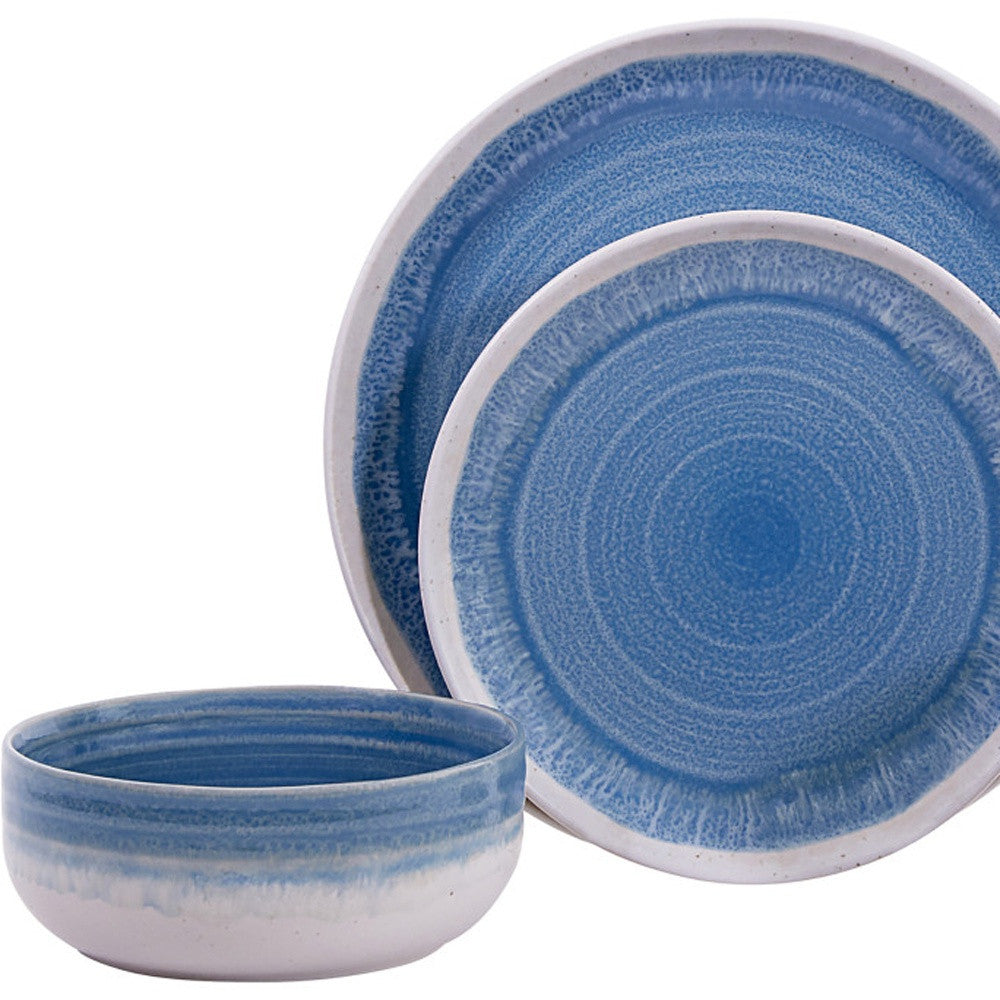 Blue and White Sixteen Piece Round Tone on Tone Ceramic Service For Four Dinnerware Set