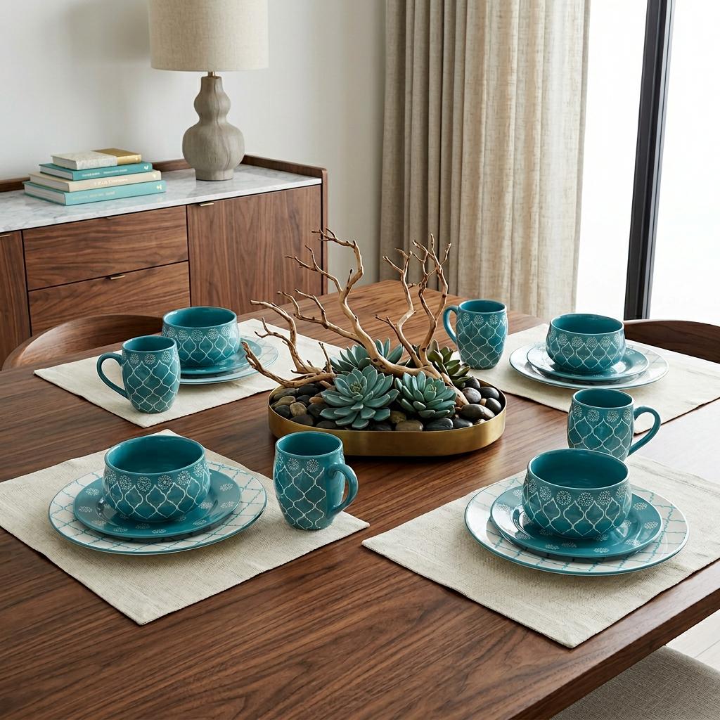 Turquoise Sixteen Piece Round Trellis Ceramic Service For Four Dinnerware Set