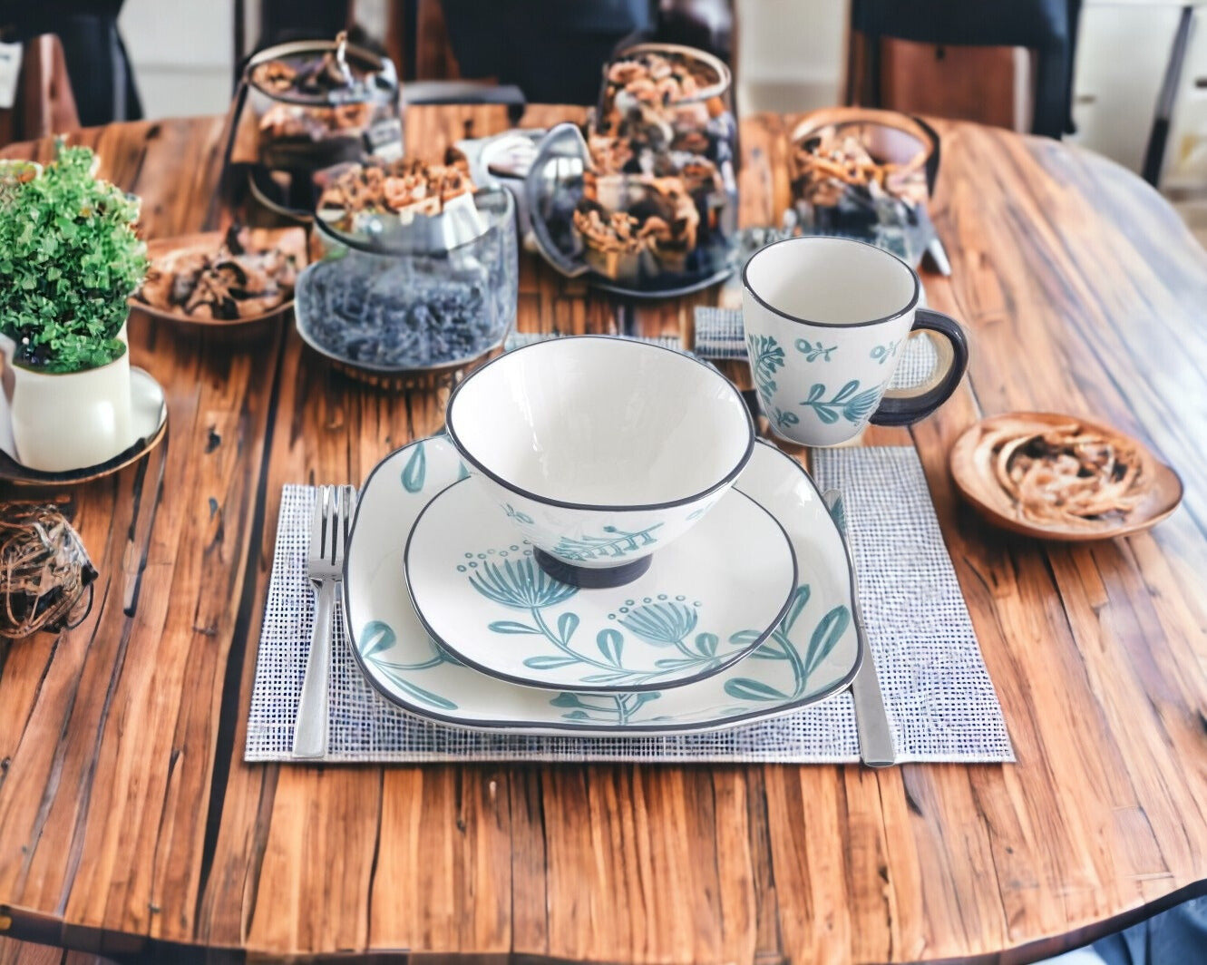 Blue and White Sixteen Piece Round Floral Ceramic Service For Four Dinnerware Set