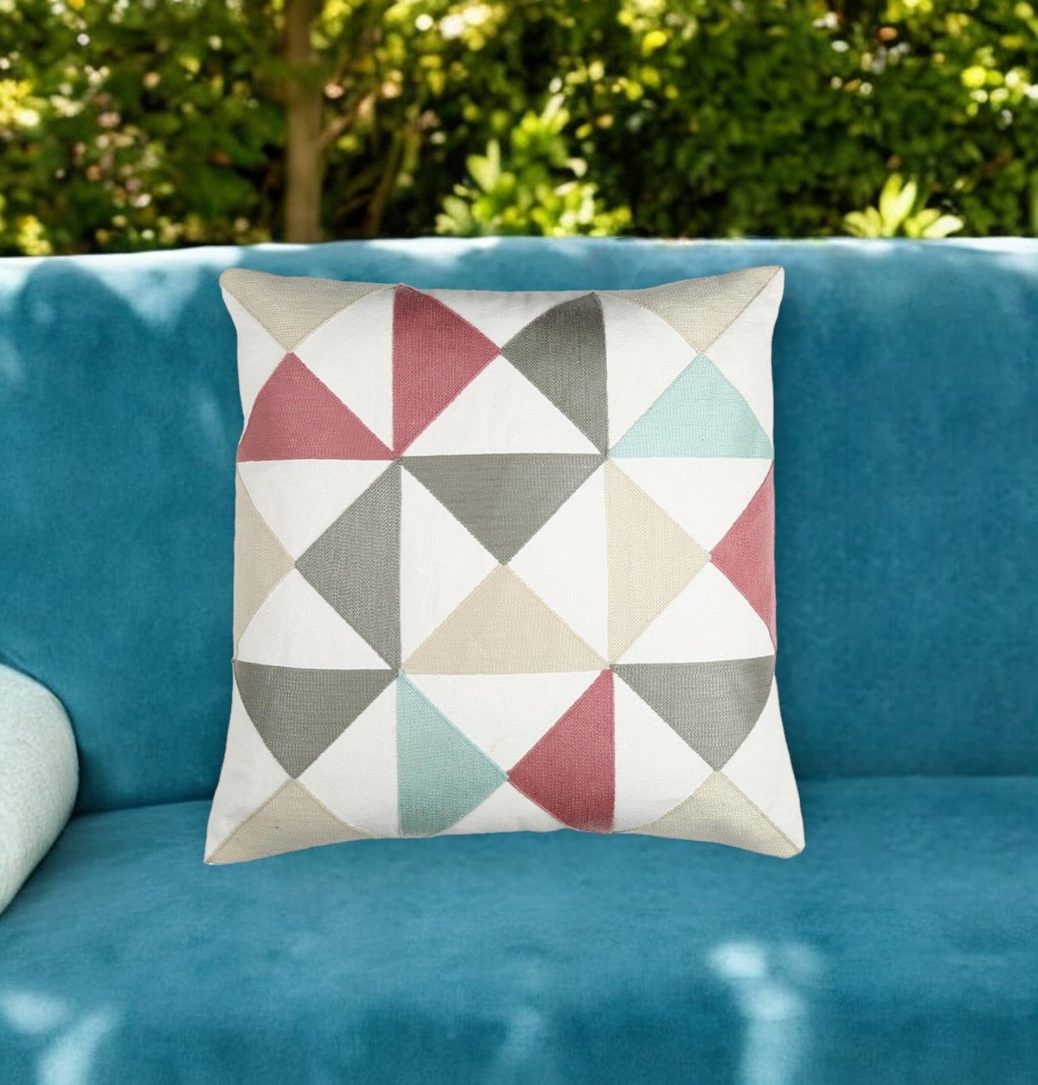 20" White Gray and Red Handmade Geometric Indoor Outdoor Throw Pillow Cover With Texture