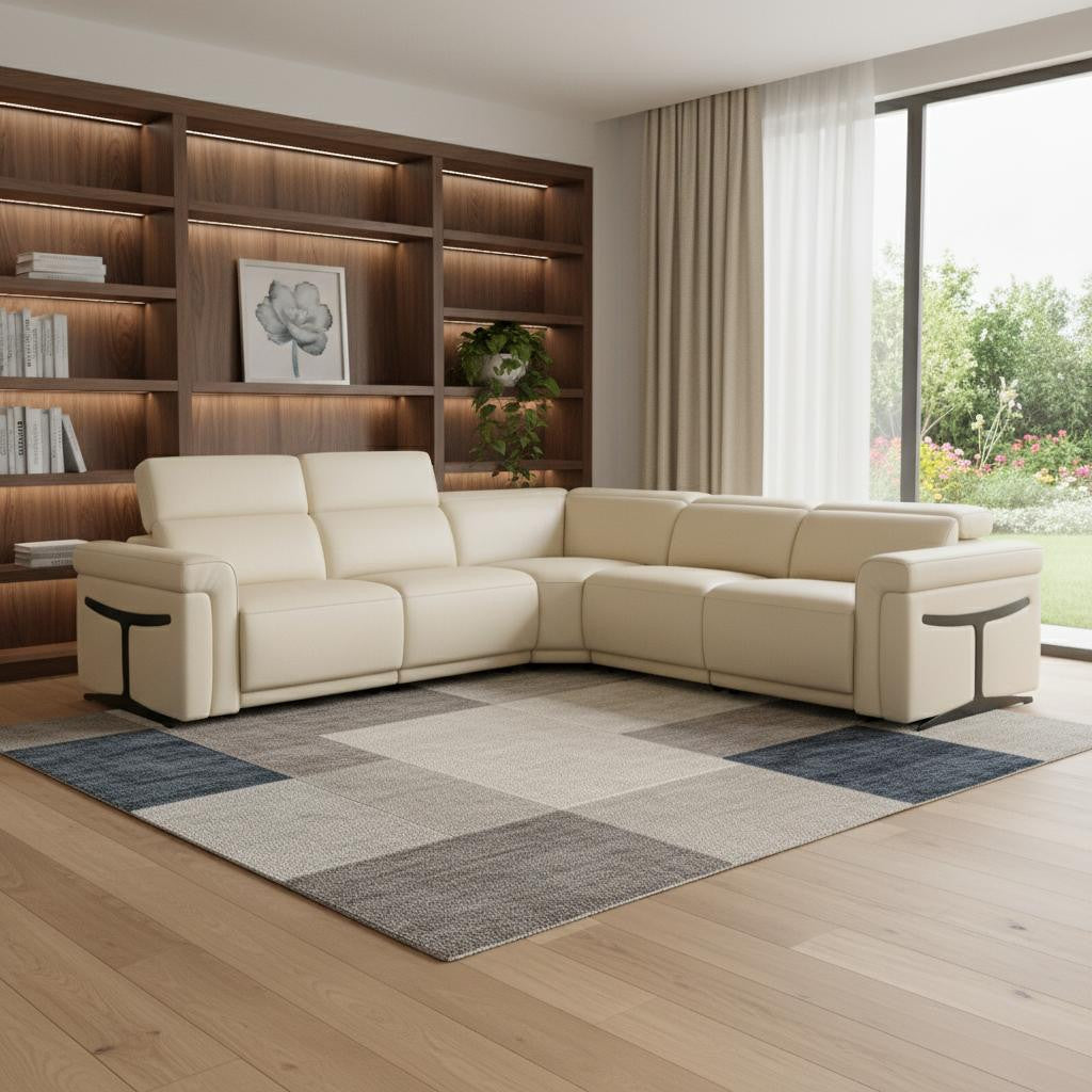 Beige Italian Leather Modular L Shaped Five Piece Corner Sectional