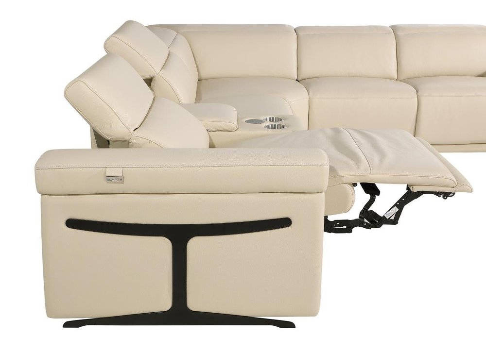 Beige Italian Leather Modular L Shaped Six Piece Corner Sectional With Console