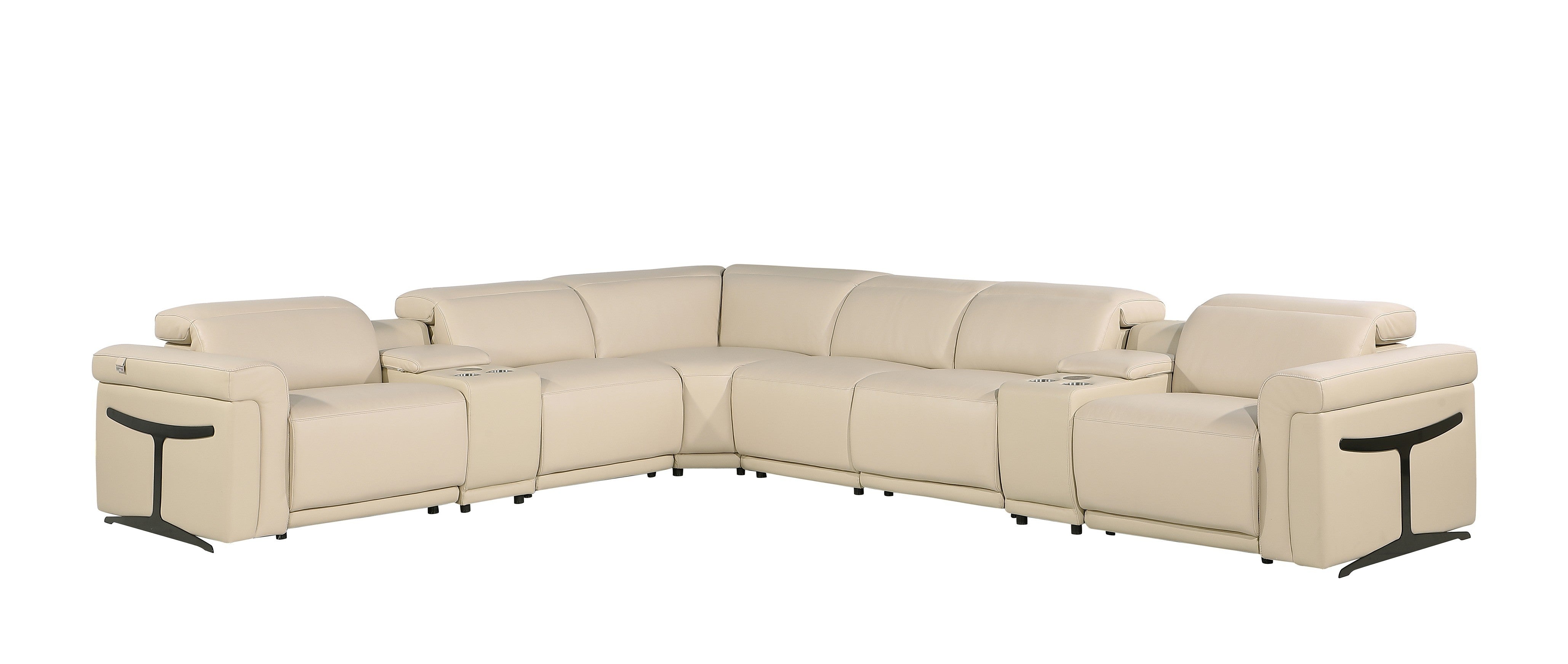 Beige Italian Leather Modular L Shaped Eight Piece Corner Sectional With Console