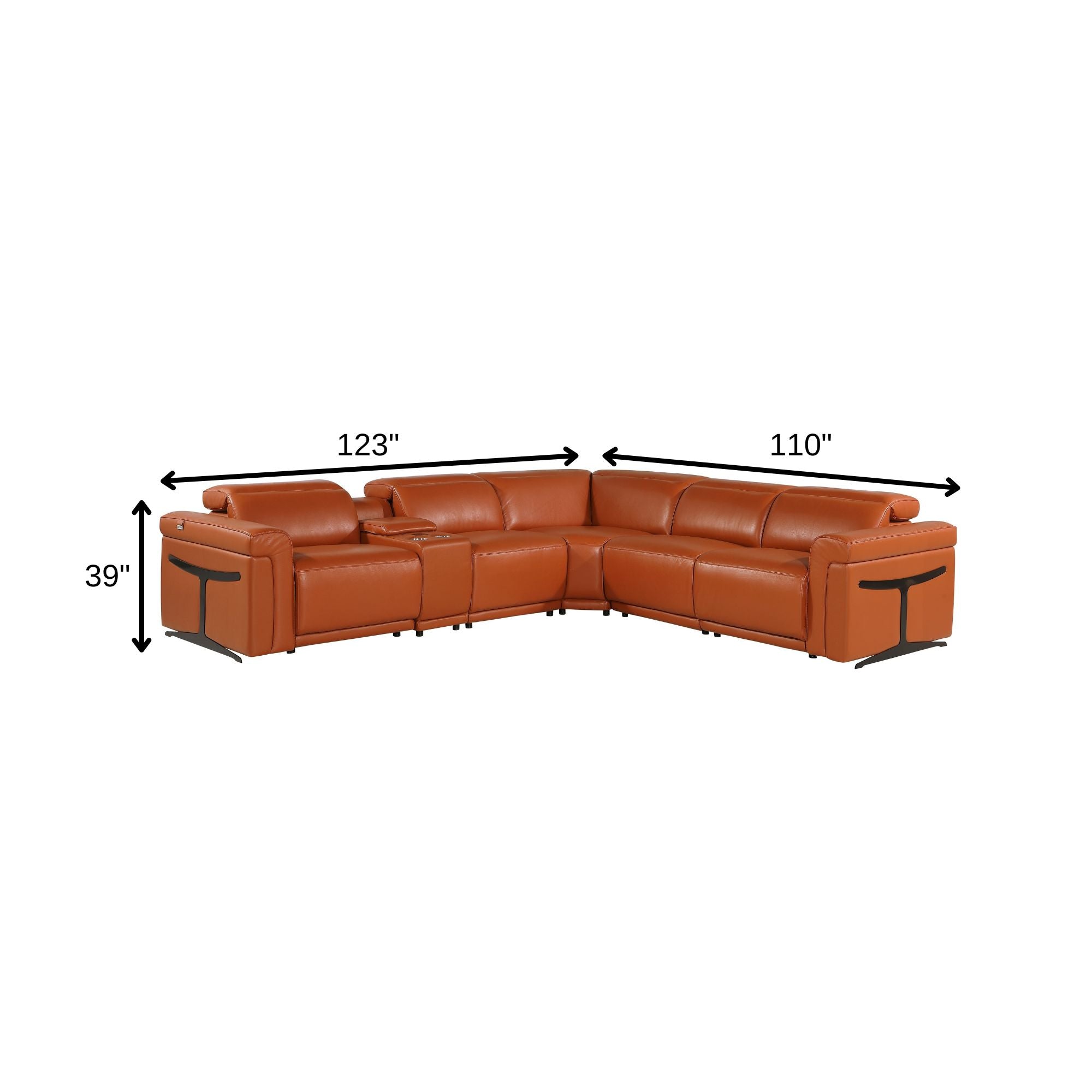 Camel Italian Leather Modular L Shaped Six Piece Corner Sectional With Console